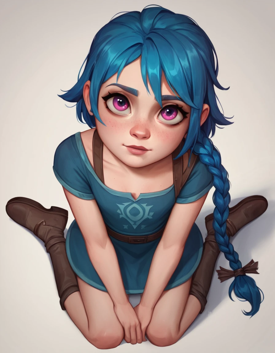 score_9, score_8_up, score_7_up, masterpiece, Best quality, perfect light, (****👧),PowderJinx, blue hair, braid, sitting on the floor, looking up at viewer, white background