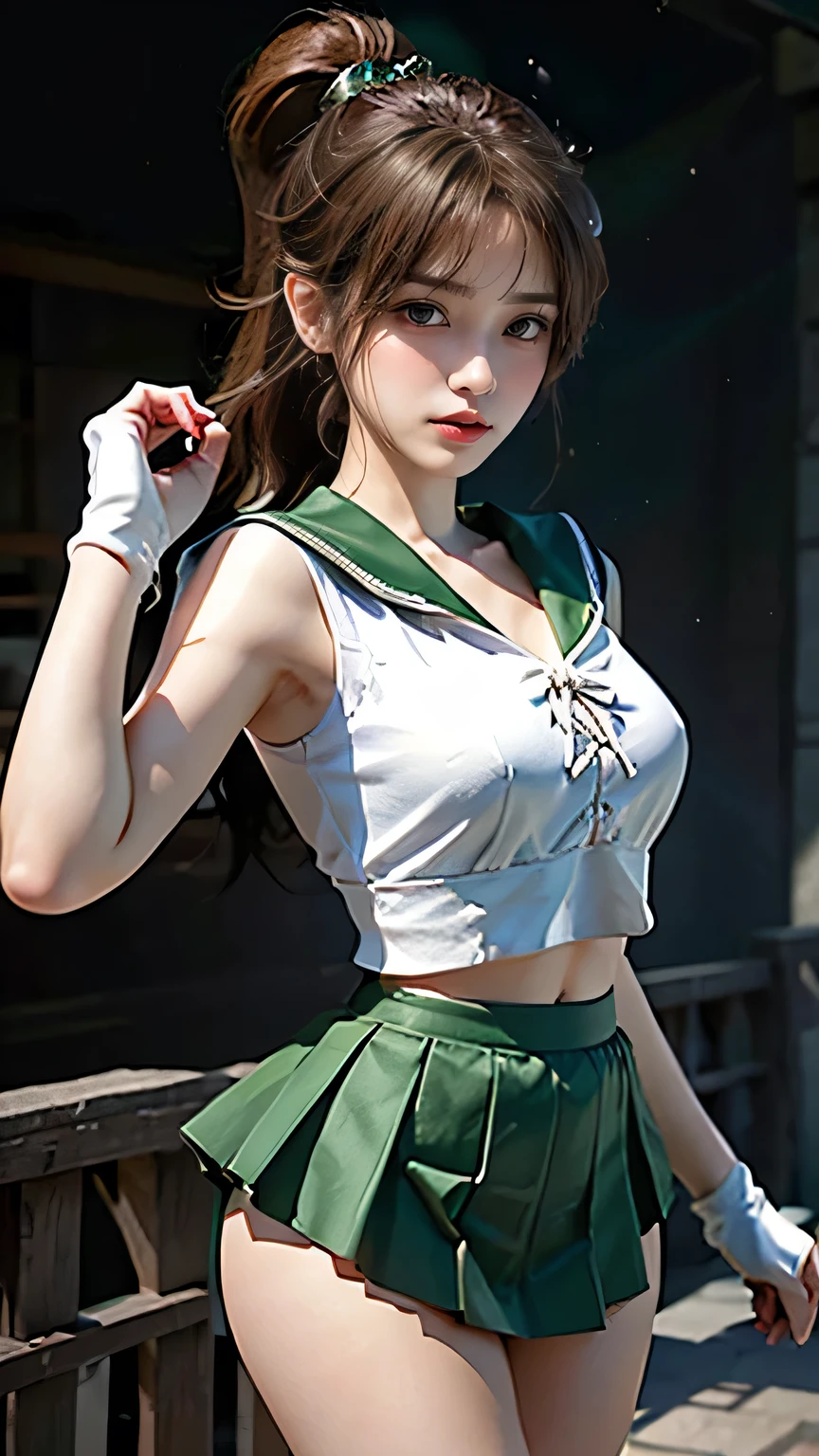 8K resolution, masterpiece, Highest quality, Award-winning works, unrealistic, tifa lockhart, 20-year-old, sexy college school girl, black long hair, beautiful Perfect Face, Soft Skin, Perfect Face, Yasutomo Oka's painting style, 165cm tall, Three sizes are 92/60/88, (lime green uniform:1.5), white silk camisole, deep Cleavage, skyblue very long skirt with many pIeats, black garter belts, knee high socks, black pumps, details, Splash screen,Sharp eyes, crystal blue eyes, pink lips, BREAK, White Silver, dynamic sexy poses, Sweat, Strong winds, standing alone on station platform, waiting for train coming, Osaka Japan