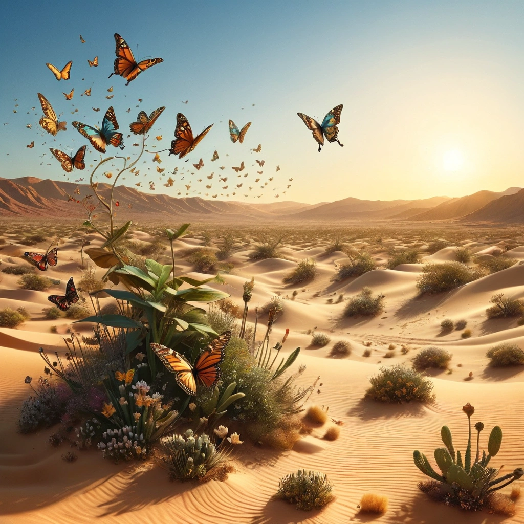 [Realistic photo landscape, butterfly view], [1960s style, psychedelic, retro, vintage], [swarm of fluttering butterflies, swarm of butterflies filling the sky, countless butterflies crossing the desert], [psychedelic butterfly, wings with psychedelic colors and patterns, delicately drawn butterfly wings], [sky above oasis, sand], [desert, horizon], [sunset, summer, 1960s], [realistic, photo, ultra-realistic, 4K, precise, ultra-detailed, realistic lighting, three-dimensional lighting, realistic shadows, masterpiece, beautiful work of art, ultra-fine digital painting, digital art]