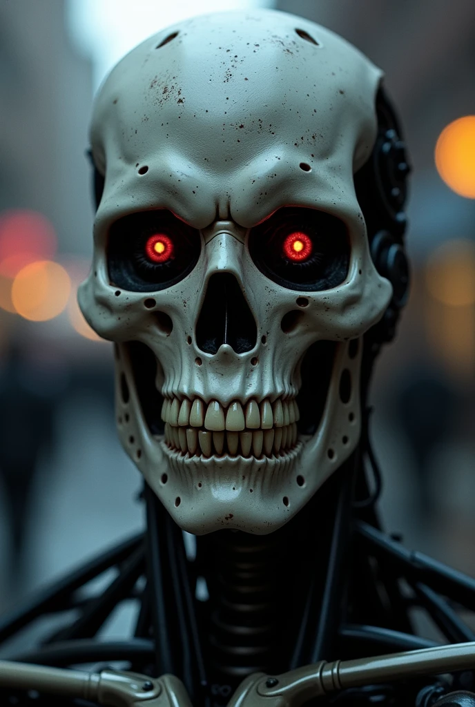 cinematic film still of <lora:Cyberpunk Style:1>
a robot with a helmet on and a skull on its head,bionic,transhuman,Dystopia,Dystopian,kakotopia,Science fiction,high tech,low life,societal collapse,Artificial,Posthuman,future,futuristic,Artificial intelligence,Cyborg,genetically-enhanced humans,sci-fi,Cyberpunk Style,solo,simple background,purple eyes,no humans,glowing,robot,black background,mecha,science fiction,skull,glowing eye,power armor , Cyberpunk Style, shallow depth of field, vignette, highly detailed, high budget, bokeh, cinemascope, moody, epic, gorgeous, film grain, grainy