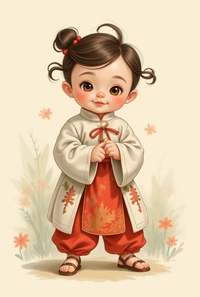 Baby Boy Illustration、anime、High image quality、cute、llustration, Wearing an Antique Chinese Dress with Stuffed Hair,Put on vintage shoes,handful