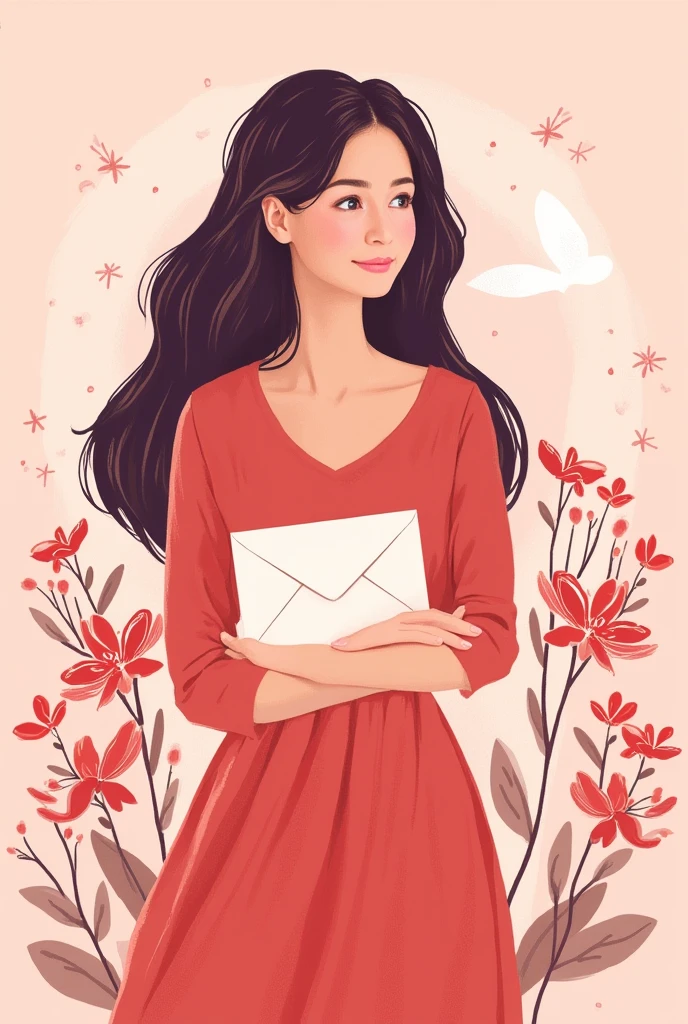 this illustration shows a woman holding an envelope and flowers, in the style of light pink and red, letras y figuras, romantic illustrations, painted illustrations, animated gifs, violet and red, cartoon-like figures --ar 35:44 --v 5.2