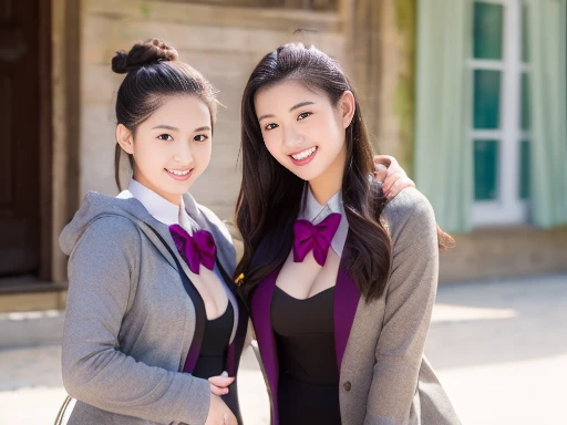 Two Beautiful vietnamese girls posing for a family photo,  breast press, smile, realistic, photorealistic, teens, large breasts, hair bun, jewelry, minimal makeup, hair bob, hairbun, saigon, round face, perfect proportions, kneeling, from top, siblings, naked, jacket, hoodie, necktie