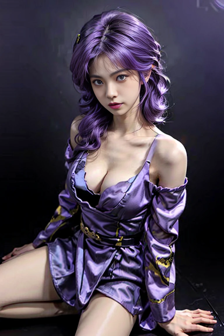  Japanese、Model、Big Breasts、Purple Hair、 shows shoulders、 sitting on one knee、 cleavage visible 、 black background