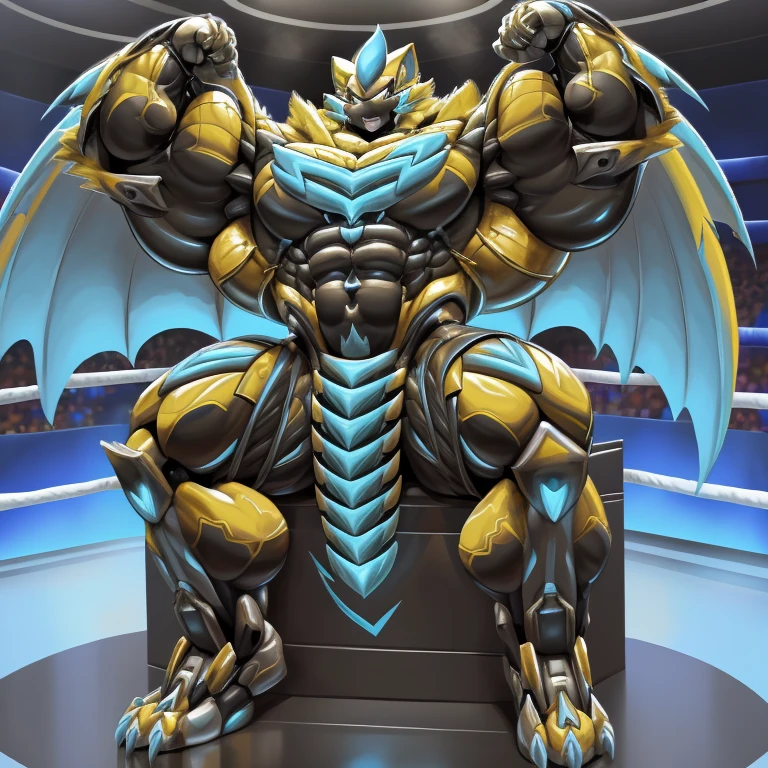 (zeraora, 8K), (zeraora's giant robot, Powered exoskeleton with the same design as zeraora), (Masterpiece, highres) (Detailed head, Detailed Body, Detailed abs, full body) (gigantic muscles, Gigachad Muscular, big muscle, pecs, triceps, traps, unusually developed muscular body, body full of huge muscles. showing off muscles, pectorales enormes, Exaggeratedly huge muscles.) (nj5furry, The claws are sharp, Sharp teeth, sharp claws), (long legs), (Spread wings, It has wings, have big wings, golden wings), (Wrestling, wrestler, the bodybuilding), (It has wings, whole body shines like metal, Wearing cyberpunk mecha, emphasizes the muscles, suit fully made of metal, intricate armor, Robotic suit, suit fully made of metal, cyborg), menacing pose, sitting on the throne, An arrogant expression. destroying city. BULK UP.