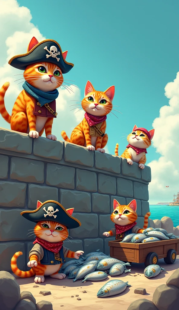 (Masterpiece, high quality, high definition, 4K, 8k, detail、 Cute Illustrations ）、Cat Thieves ( Wearing Pirate Clothes ）、 Boss Cats and Kitty Cats 、 Standing on the Stone Steps and Looking Down 、 Fish Piling Up Trucks Under the Stone Steps、 Cats Are Aiming 、 Comedy Touch 、Comical pictures、 Active Picture 、The fun world of humorous films