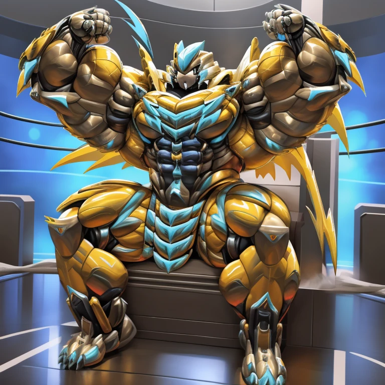 (zeraora, 8K), (zeraora's giant robot, Powered exoskeleton with the same design as zeraora), (Masterpiece, highres) (Detailed head, Detailed Body, Detailed abs, full body) (gigantic muscles, Gigachad Muscular, big muscle, pecs, triceps, traps, unusually developed muscular body, body full of huge muscles. showing off muscles, pectorales enormes, Exaggeratedly huge muscles.) (nj5furry, The claws are sharp, Sharp teeth, sharp claws), (long legs), (Spread wings, It has wings, have big wings, golden wings), (Wrestling, wrestler, the bodybuilding), (It has wings, whole body shines like metal, Wearing cyberpunk mecha, emphasizes the muscles, suit fully made of metal, intricate armor, Robotic suit, suit fully made of metal, cyborg), menacing pose, sitting on the throne, An arrogant expression. destroying city. BULK UP.