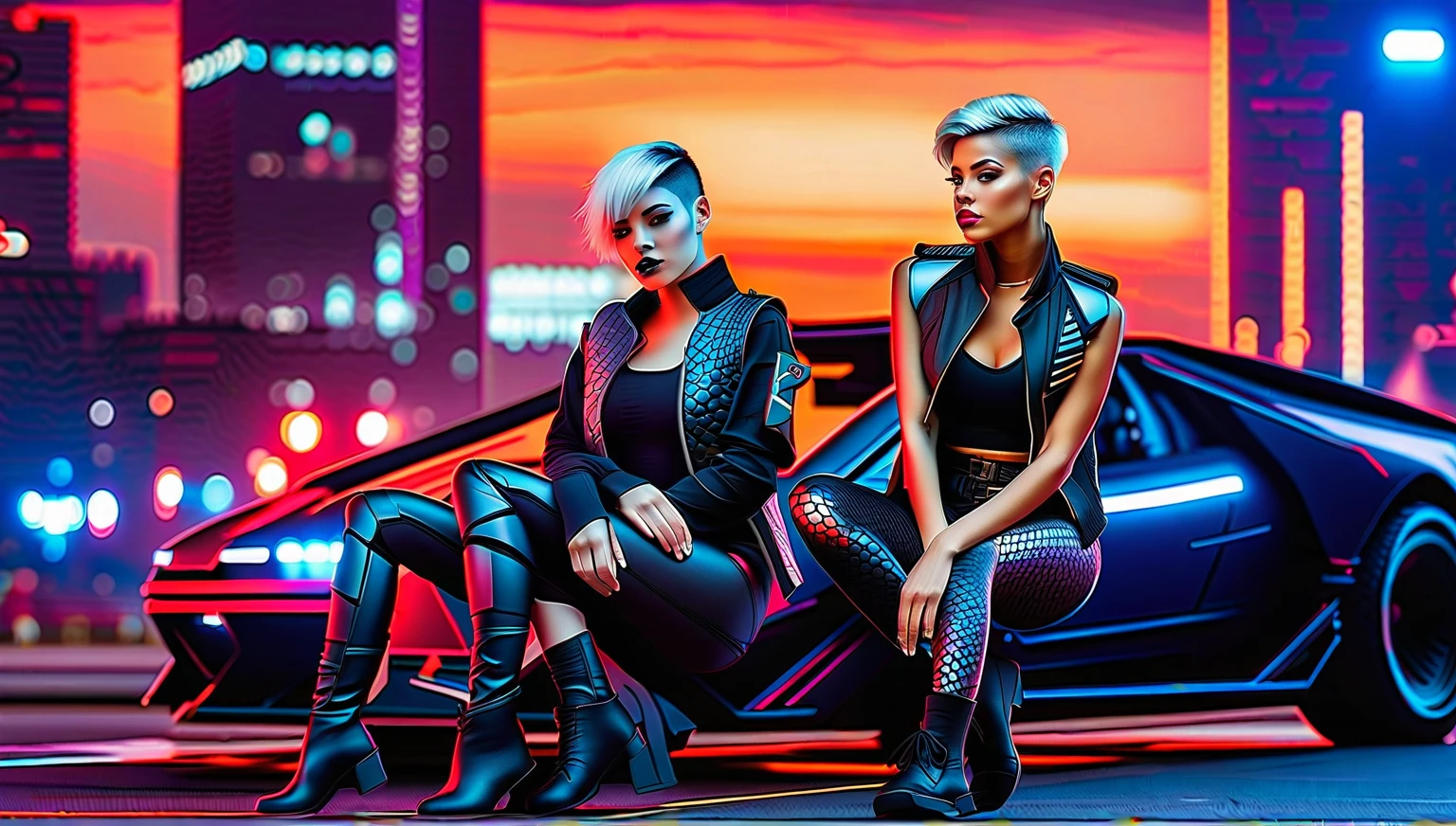 Two young female hackers sitting on the hood of an APC in a cyberpunk metropolis facing the viewer, right arm resting on her waist, left arm held forward holding a transparent smart tablet, short silverwhite undercut haircut, immaculate skin, thoughtful look on her face, sweat on her skin, full lips, small breasts, legs crossed, fullbody black and red skintight cyberpunk underarmor with intricate hexagon pattern, synthetic utility vest with attached wearable computer, black leather utility belt with multimeter and some probes 