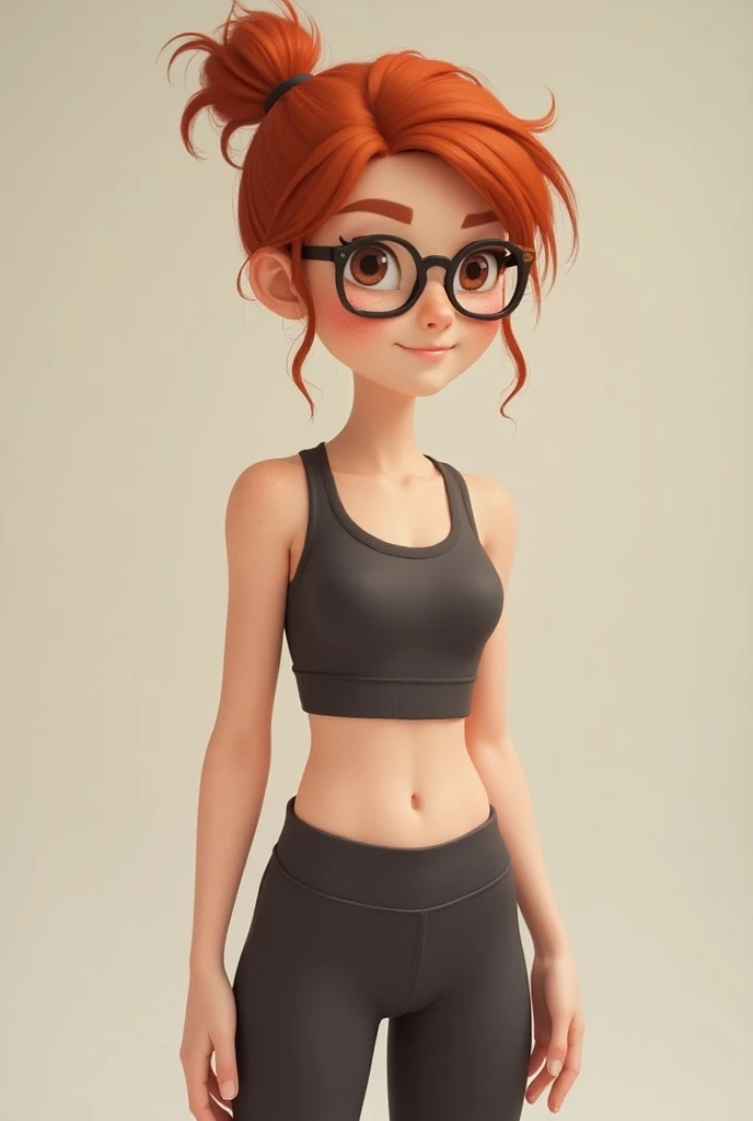 A beautiful barefoot ginger woman with wavy short hair wearing glasses, black leggings and a croptop, tied stand, full body 