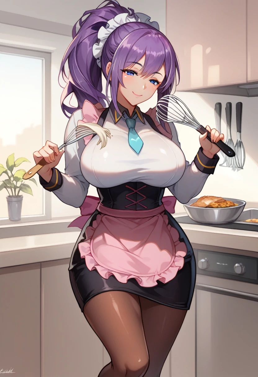 score_9, score_8_up, score_7_up, 1girl, mature female, shiny skin, lucy, purple hair, very long hair, blue eyes, hair ornament, black footwear, black skirt, pencil skirt, breasts, holding plate, large breasts, long sleeves, looking at viewer, brown legwear, ponytail, smile, solo, blue necktie, white shirt, black corset, maid headdress, pink apron, pink ribbon, holding whisk,kitchen, day,naughty face, cowboy shot,