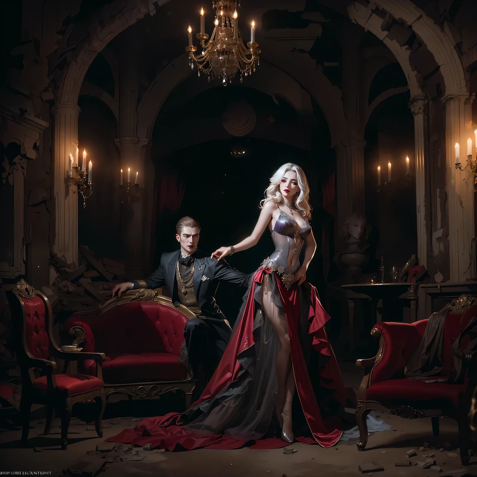 (masterpiece, 8K, UHD, RAW), A sexy blonde girl kissing a evil vampire in bed, (((a beautiful young woman riding on top of one huge horrific vampire))), (she rides the male vampire with lustful femininity), her beautiful body is covered by a sheer translucent white lace bra with Art Nouveau embroidery, big sexy perky breasts, her pristine delicate features contrasts with the horrendous menacing fangs of the corrupted male vampire, full body vibrant illustrations, intricately sculpted, realistic hyper-detailed portraits, queencore, depicts real life, the scene happens in a luxurious Art Nouveau boudoir with studio illumination, red and teal silk satin