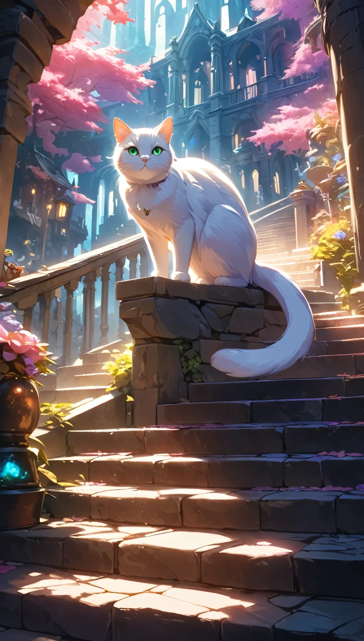 The cat on the stairs、Cats on the stone steps 、iridescent fur 、 fantasy art 、 cinematic lighting 、 very detailed、8k、masterpiece、 voluminous lighting 、 complicated details、 Vivid Colors、Graceful pose、Magnificent、Mysterious、Ethereal、Shine、Whimsical、 magical realism、Rich texture、Dramatic Shadows、Impressive composition、Atmospheric、Dreamy