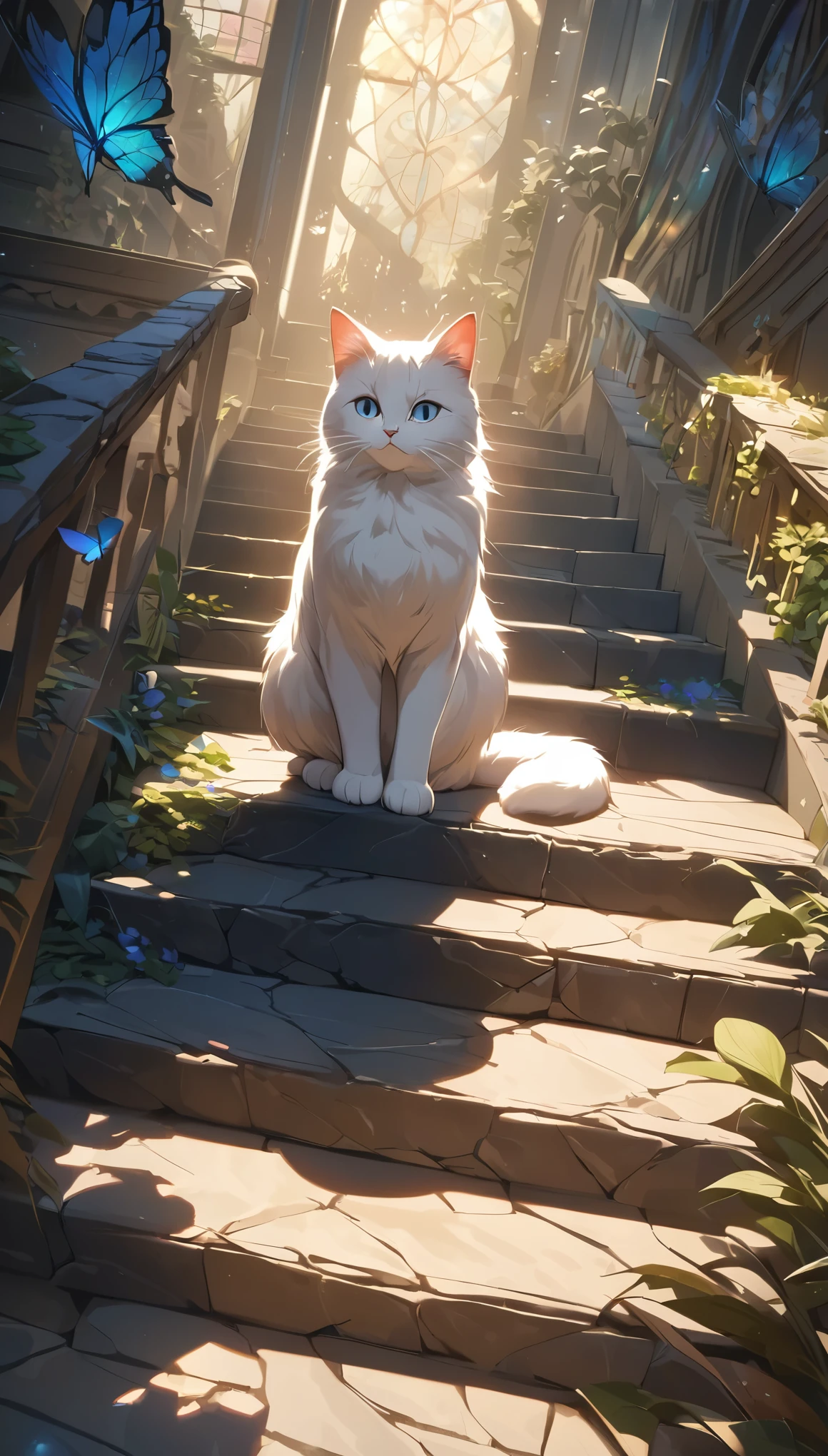 The cat on the stairs、Cats on the stone steps 、iridescent fur 、 fantasy art 、 cinematic lighting 、 very detailed、8k、masterpiece、 voluminous lighting 、 complicated details、 Vivid Colors、Graceful pose、Magnificent、Mysterious、Ethereal、Shine、Whimsical、 magical realism、Rich texture、Dramatic Shadows、Impressive composition、Atmospheric、Dreamy