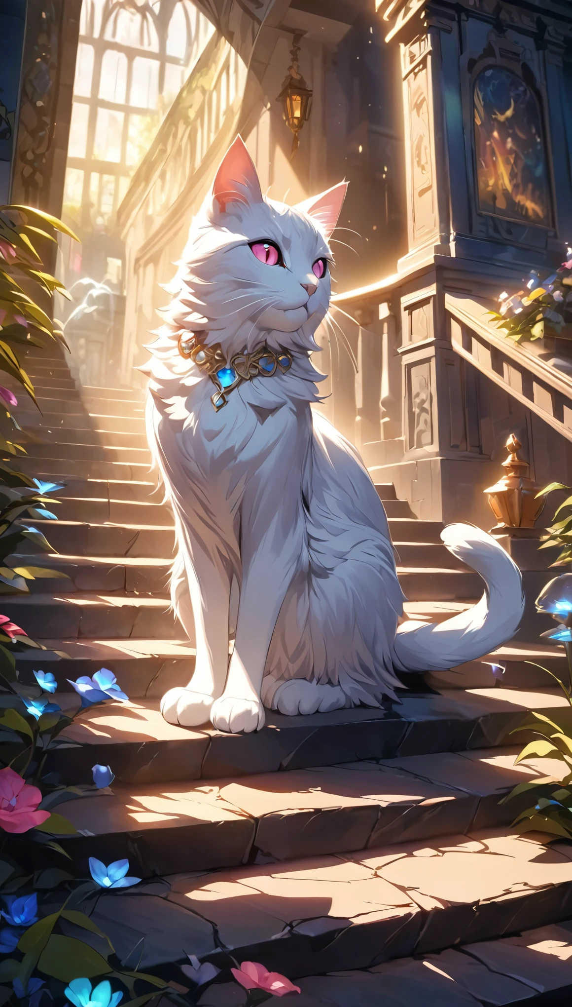 The cat on the stairs、Cats on the stone steps 、iridescent fur 、 fantasy art 、 cinematic lighting 、 very detailed、8k、masterpiece、 voluminous lighting 、 complicated details、 Vivid Colors、Graceful pose、Magnificent、Mysterious、Ethereal、Shine、Whimsical、 magical realism、Rich texture、Dramatic Shadows、Impressive composition、Atmospheric、Dreamy