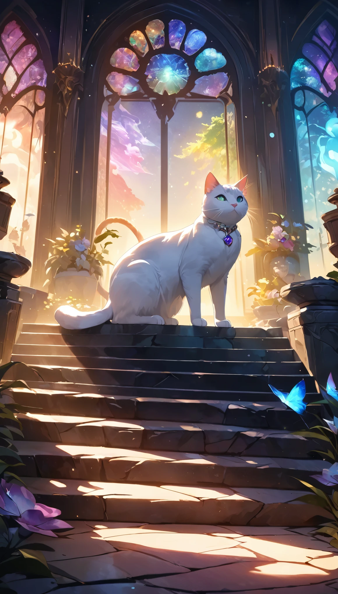 The cat on the stairs、Cats on the stone steps 、iridescent fur 、 fantasy art 、 cinematic lighting 、 very detailed、8k、masterpiece、 voluminous lighting 、 complicated details、 Vivid Colors、Graceful pose、Magnificent、Mysterious、Ethereal、Shine、Whimsical、 magical realism、Rich texture、Dramatic Shadows、Impressive composition、Atmospheric、Dreamy