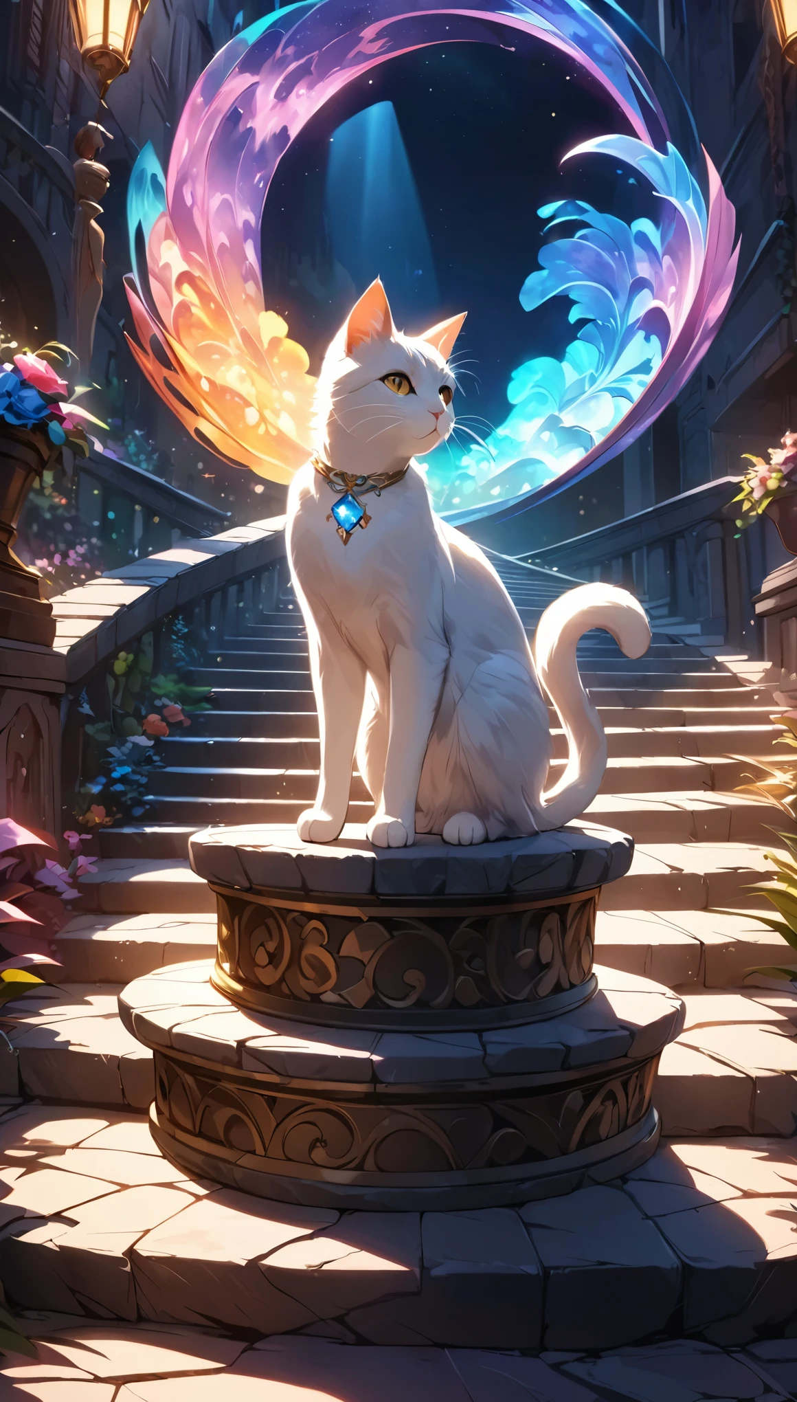The cat on the stairs、Cats on the stone steps 、iridescent fur 、 fantasy art 、 cinematic lighting 、 very detailed、8k、masterpiece、 voluminous lighting 、 complicated details、 Vivid Colors、Graceful pose、Magnificent、Mysterious、Ethereal、Shine、Whimsical、 magical realism、Rich texture、Dramatic Shadows、Impressive composition、Atmospheric、Dreamy