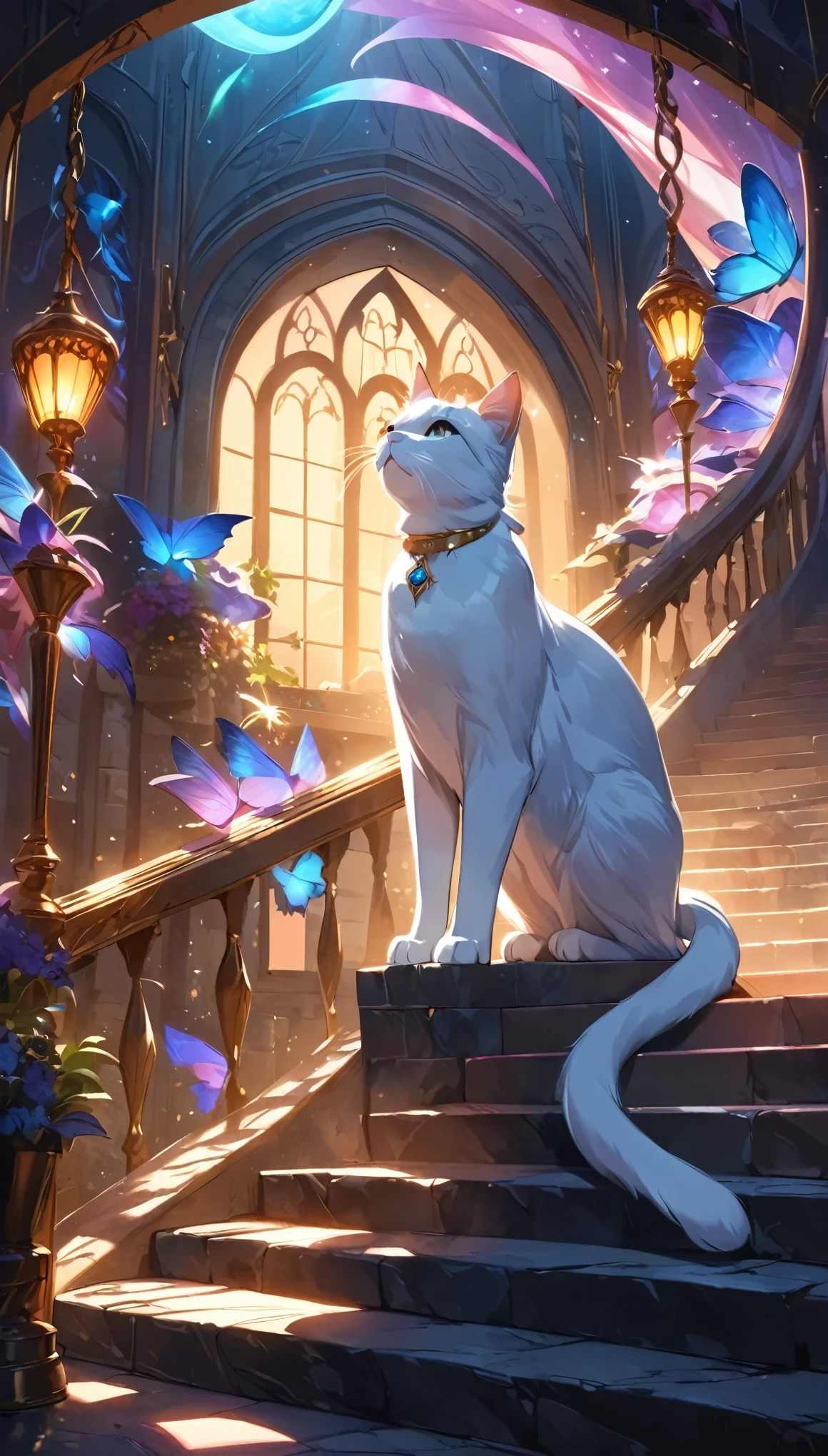 The cat on the stairs、Cats on the stone steps 、iridescent fur 、 fantasy art 、 cinematic lighting 、 very detailed、8k、masterpiece、 voluminous lighting 、 complicated details、 Vivid Colors、Graceful pose、Magnificent、Mysterious、Ethereal、Shine、Whimsical、 magical realism、Rich texture、Dramatic Shadows、Impressive composition、Atmospheric、Dreamy