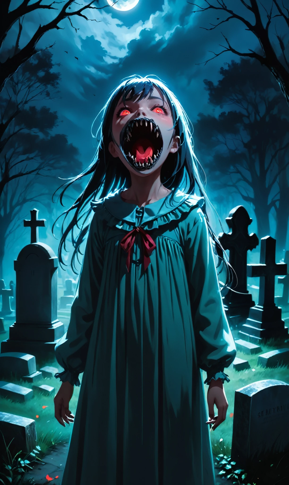 anime artwork 1girl,abyss girl,open mouth,((masterpiece)), ((best quality)), 8k, high detailed, ultra-detailed, illustration, portrait, horror, gothic, (1girl), (sinister:1.2), a young girl with a grotesquely elongated mouth, standing in a dimly lit cemetery, moonlight casting eerie shadows, (ethereal and haunting), glowing red eyes, wisps of spectral mist, (spectral hands:1.1), reaching out from the tombstones, creating a sense of dread, (floating:1.3), surreal and nightmarish, (dark and foreboding), (motion blur), (glitch effect), (vibrance:1.2), (chromatic aberration), (saturated reds), (film grain), (sinister whispers:1.5), (sinister laughter:1.4), A chilling and unsettling atmosphere, capturing the girl's unsettling transformation into a creature of the night,. anime style, key visual, vibrant, studio anime,  highly detailed