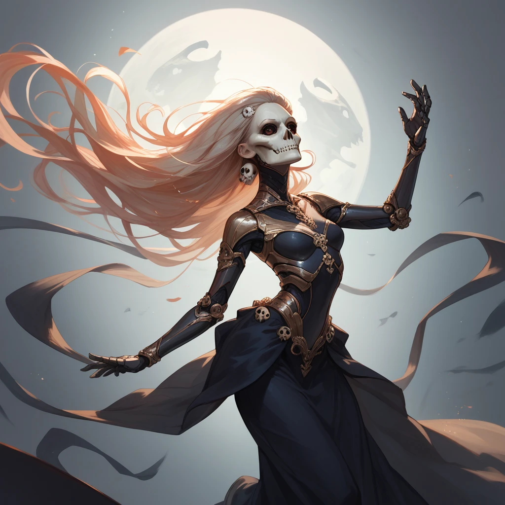Skelleton, banshee, blue fire, medieval style, long hair, with a ghostly dress, --auto