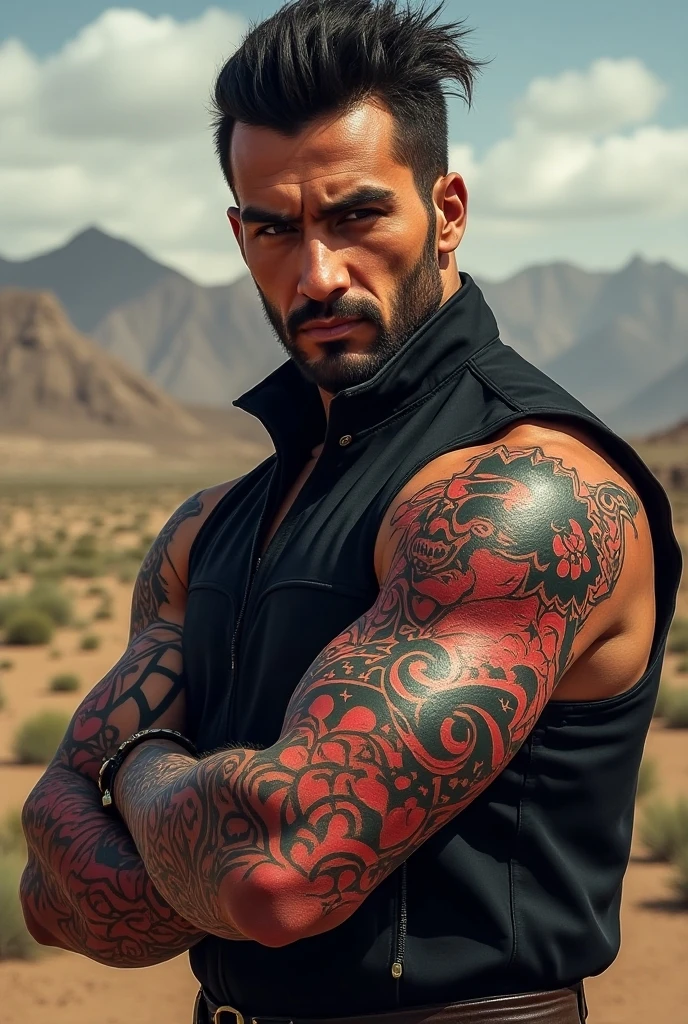 Hyperrealistic cinematic portrait of a handsome 28-year-old Arab man in the desert, sem roupa de cima, There is tension and a sense of danger in the air, corpo musculoso, corpo forte, rosto detalhado, Rosto realista, rosto perfeito, pele realista, pele com textura, pele texturizada, pele detalhada, qualidade 8k, foco nítido