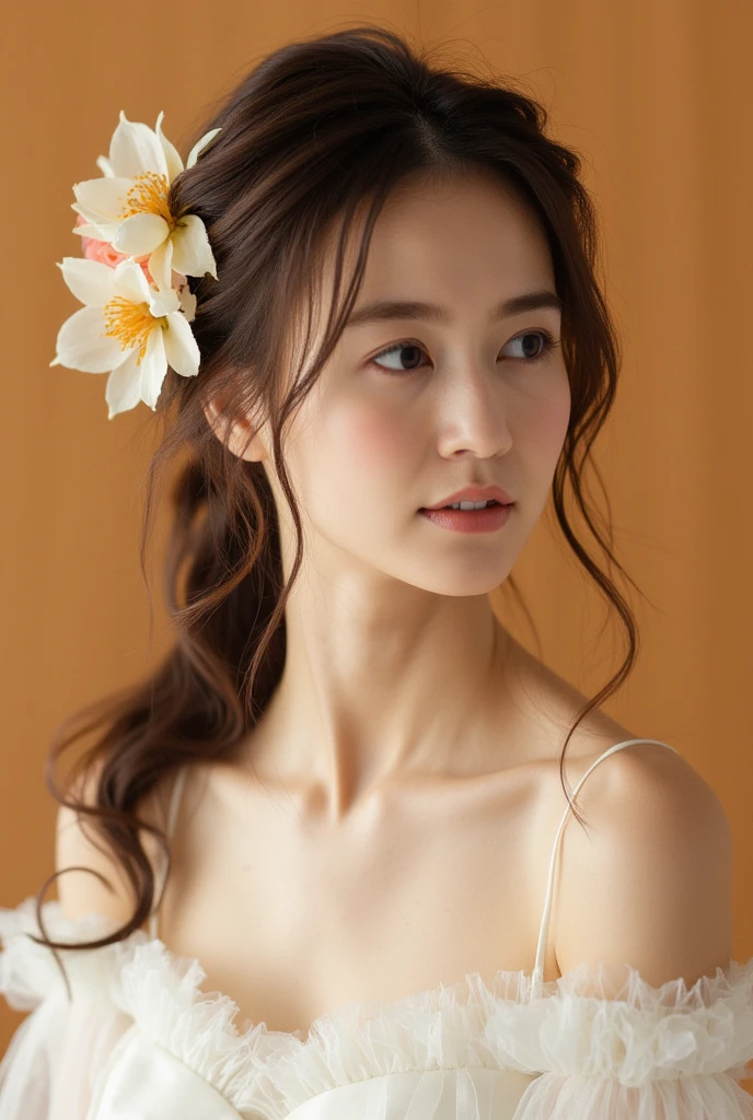 a asian young woman wearing a white dress, flower in her hair, in the style of dreamy color palette, light orange and dark gold, photo taken with provia, fairycore, elizabeth catlett, spectacular backdrops, soft and dreamy pastels