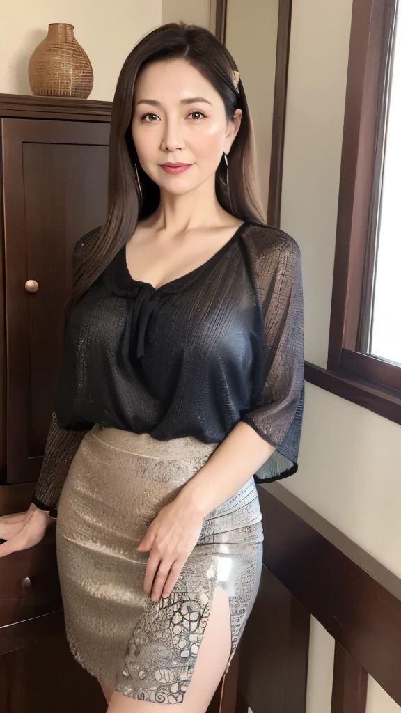 High image quality, High image quality, Attention to details , masterpiece,(Middle-aged body type), Anatomically Accurate , sharp, (( Japanese, mature woman )),(90 years old:1.6),((Facial wrinkles)),Saggy breasts, dark brown hair,(Long Hair), bangs,(((Stand upright, ))),Looking at the photographer,Stand in the center of the screen,( sheer pattern blouse :1.4),( Tight Skirt :1.2),( head to thigh :1.1),Inside the warehouse,( serious expressions:1.2),(elder:1.5),Ordinary housewife,obesity,( no bra )
