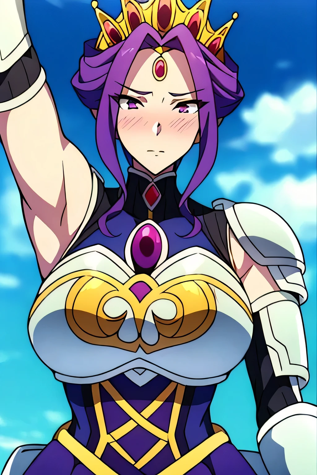 (Day:1.5),a castle with towers and towers on top of a hill with trees and clouds in the background and a blue sky,
Standing at attention,
purple and white outfit,armored dress,shoulder armor, armor,armored boots,
purple_hair, (purple_eyes), jewelry, earrings, a crown on her head,
1 girl, 20yo,Young female,Beautiful Finger,Beautiful long legs,Beautiful body,
Beautiful Nose,Beautiful character design, perfect eyes, perfect face, showing her armpits,sweaty armpits, (cum in armpits:1.2), (lots of sperm in the armpits:1.2),expressive eyes, shy, (embarrassed expression), (blushing face:1.3), looking at viewer, in the center of the image,(Upper_body),(Focus on her face), big breast, breast cleveage, official art,extremely detailed CG unity 8k wallpaper, perfect lighting,Colorful, Bright_Front_face_Lighting,shiny skin,
(masterpiece:1.0),(best_quality:1.0), ultra high res,4K,ultra-detailed,
photography, 8K, HDR, highres, absurdres:1.2, Kodak portra 400, film grain, blurry background, bokeh:1.2, lens flare, (vibrant_color:1.2)
(Beautiful,Breasts), (beautiful_face:1.5),(narrow_waist),