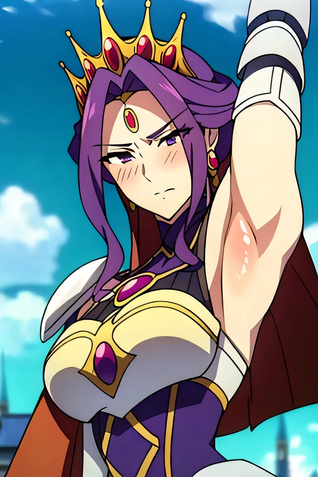 (Day:1.5),a castle with towers and towers on top of a hill with trees and clouds in the background and a blue sky,
Standing at attention,
purple and white outfit,armored dress,shoulder armor, armor,armored boots, 
purple_hair, (purple_eyes), jewelry, earrings, a crown on her head, 
1 girl, 20yo,Young female,Beautiful Finger,Beautiful long legs,Beautiful body,
Beautiful Nose,Beautiful character design, perfect eyes, perfect face, showing her armpits,sweaty armpits, ( in armpits:1.2), (lots of  in the armpits:1.2),expressive eyes, shy, (embarrassed expression), (blushing face:1.3), looking at viewer, in the center of the image,(Upper_body),(Focus on her face), big ,  cleveage, official art,extremely detailed CG unity 8k wallpaper, perfect lighting,Colorful, Bright_Front_face_Lighting,shiny skin,
(masterpiece:1.0),(best_quality:1.0), ultra high res,4K,ultra-detailed,
photography, 8K, HDR, highres, absurdres:1.2, Kodak portra 400, film grain, blurry background, bokeh:1.2, lens flare, (vibrant_color:1.2)
(Beautiful,Breasts), (beautiful_face:1.5),(narrow_waist), 
