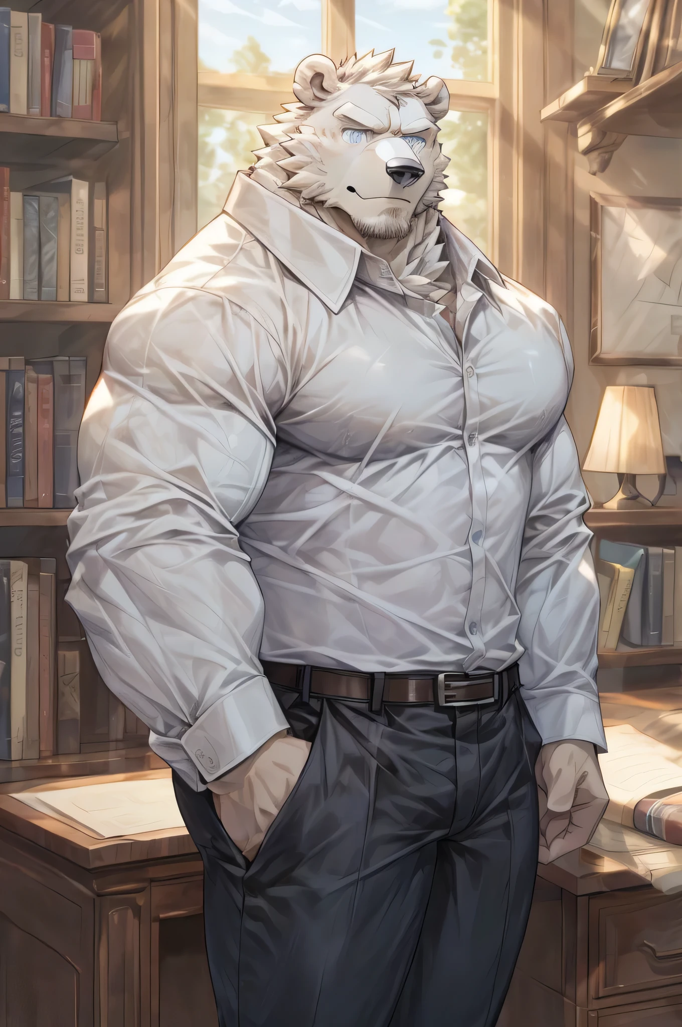 masterpiece, best quality, official art, Extremely detailed CG unified 8k wallpaper, (photorealistic:1.2), (afternoon sunlight through window:1.3), detailed office library background,
(polar bear anthro:1.4), male, (extremely muscular mature man:1.3), 190cm tall, (broad muscular shoulders:1.4), (professional standing pose:1.2),
(tight fitting white dress shirt:1.3), (fabric wrinkles and folds:1.2), rolled up sleeves showing muscular forearms, black dress pants, (leather belt with silver buckle:1.1), business casual,
(focused intense light blue eyes:1.4), (determined sharp gaze:1.2), (confident slight smirk:1.2), (spiky white head fur:1.3), (small white bear ears:1.2),
(home office setting:1.2), wooden desk, (bookshelf with many books:1.3), (warm afternoon lighting:1.2), (sun rays through window:1.2), (sharp focus on face and upper body:1.3),
(detailed white fur texture:1.2), (angular masculine features:1.2), perfect anatomical proportions, (visible muscle definition through clothing:1.3), mature aura