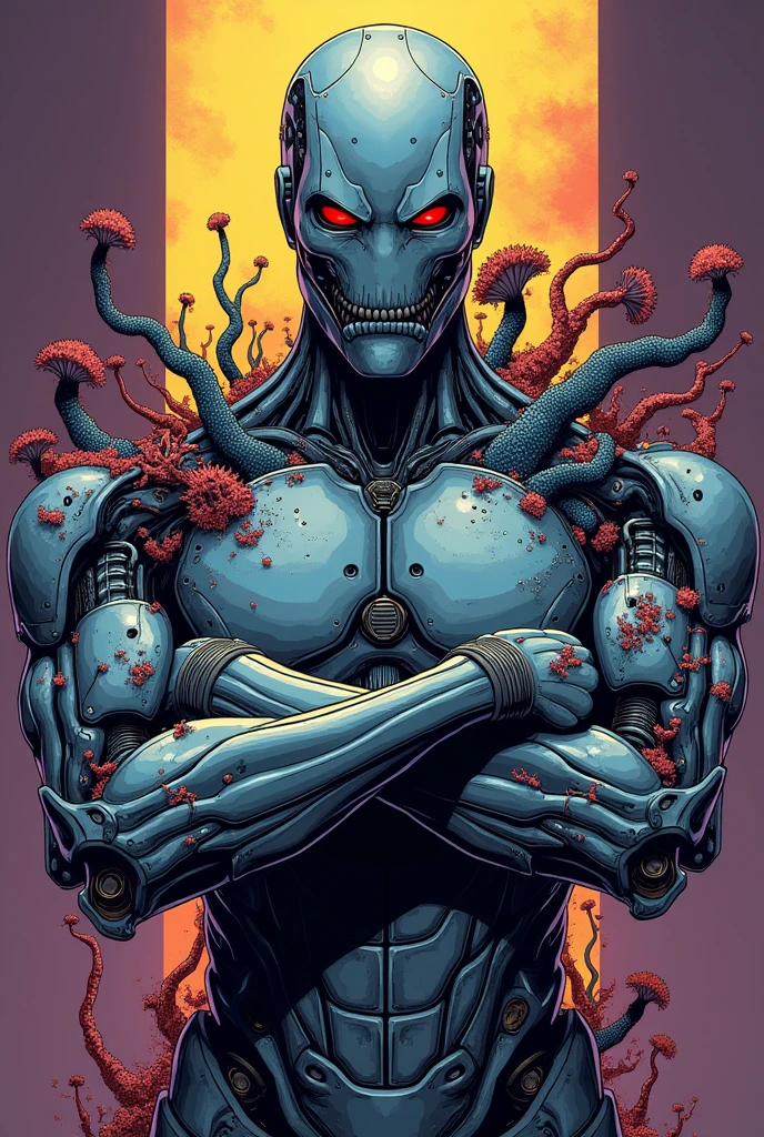 Dark fantatsy,black metal body,big breasts,robot joints,neon trims,back armor,(glowing purplish-blue trim),eyeless robot,no eyes,wide mouth,sharp teeth,only mouth,tongue out,very long tongue,cybernetic body,muslces,abs,look at viewer,mechanical,wet,garter belt,bottomless,mechanical mouth,naked,lying,spreading legs,whole body,red glowing body