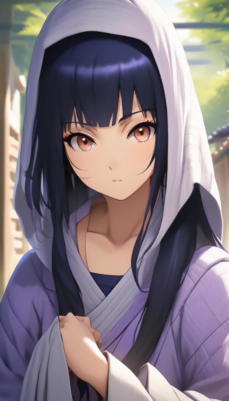 In the quiet, misty paths of a hidden ninja village, Hinata appears as a gentle yet determined figure. Her straight, dark blue hair frames her face with soft bangs, sometimes cascading down to her shoulders or lower, blending with the village’s serene shadows. Her light lavender eyes, reflective of her Byakugan ability, are striking in the dim light of the village streets. Once dressed in a modest lavender and cream hoodie with navy pants, she now wears more fitted, ninja-style attire in shades of purple and black, embodying her journey from shy beginnings to a confident and capable presence in the village.