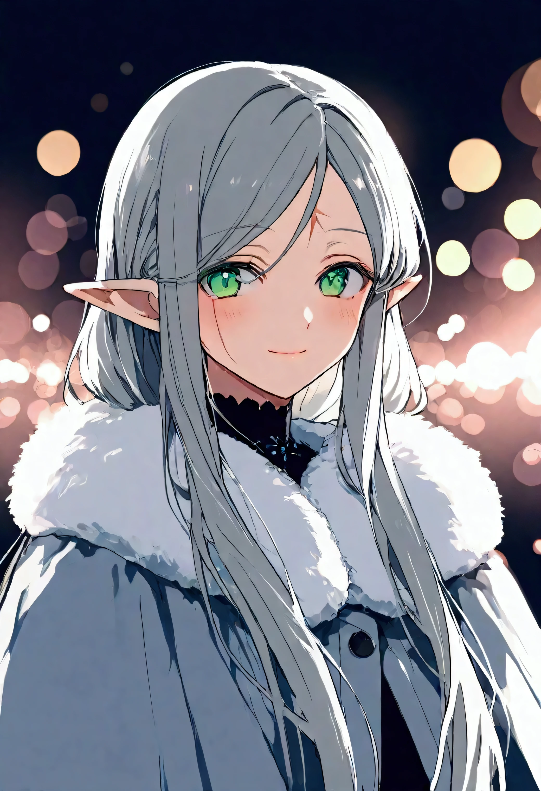 ultra detailed illustration in anime style of a woman with green eyes, Apricot skin, gothic white winter fur clothes, elf ears, a winter background, a silver white color long hair, lens flare, depth of field, bokeh effect, backlit, stylish, elegant, breathtaking, visually rich, flat lights, flat colors, cel shading, art by best anime studios, 32k resolution, best quality, ink lines, a mature body, a facial scar, a benevolent smile, the Middle Ages