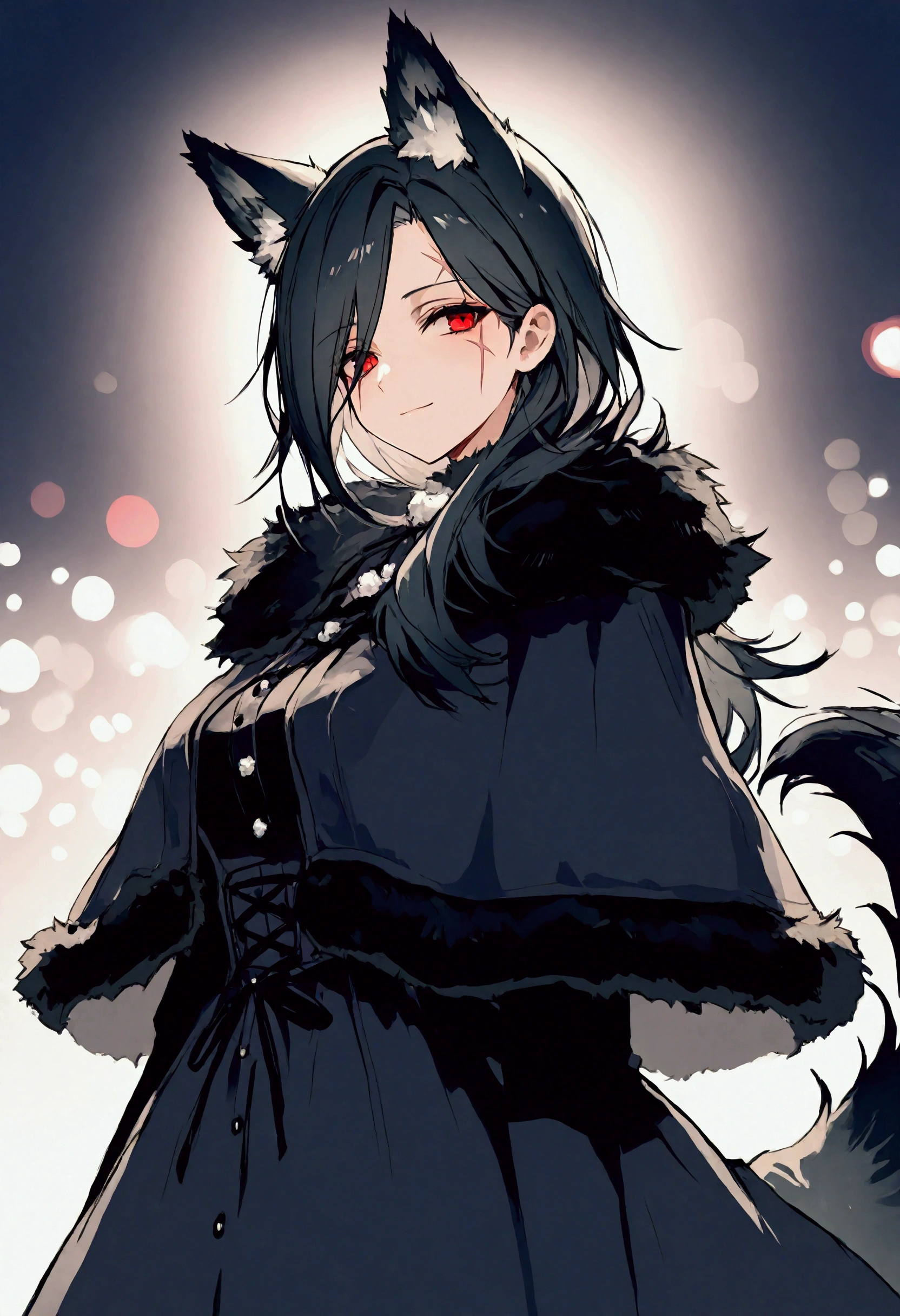 ultra detailed illustration in anime style of a woman with red sharp eyes, Apricot skin, gothic black winter fur clothes, wolf ears, a winter background, wolf tail, a deep gray color long hair, lens flare, depth of field, bokeh effect, backlit, stylish, elegant, breathtaking, visually rich, flat lights, flat colors, cel shading, art by best anime studios, 32k resolution, best quality, ink lines, a mature body, a facial scar, a shallow smile, the Middle Ages