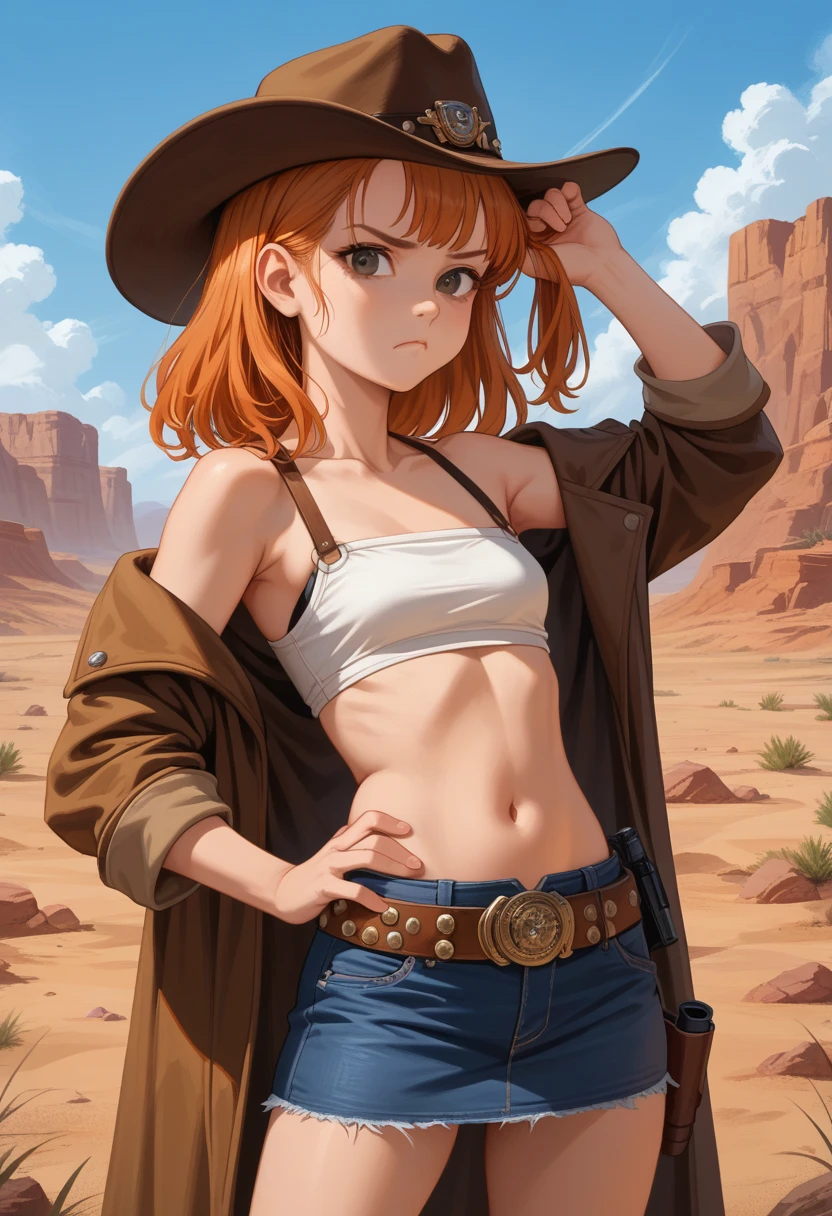 (best quality, 4k, 8k, highres, masterpiece:1.2), solo , small girl, young girl, small breasts, orange hair, bangs, bunching hair, brown eyes, cowboy hat, duster coat, denim skirt, large belt, leather belt, round buckle, shirtless, bare shoulders, visible navel, gun holster, pout, standing up, hand on hip, legs spread BREAK masterpiece background, desert or vintage western movie setting, ray tracing, sunshine beam.