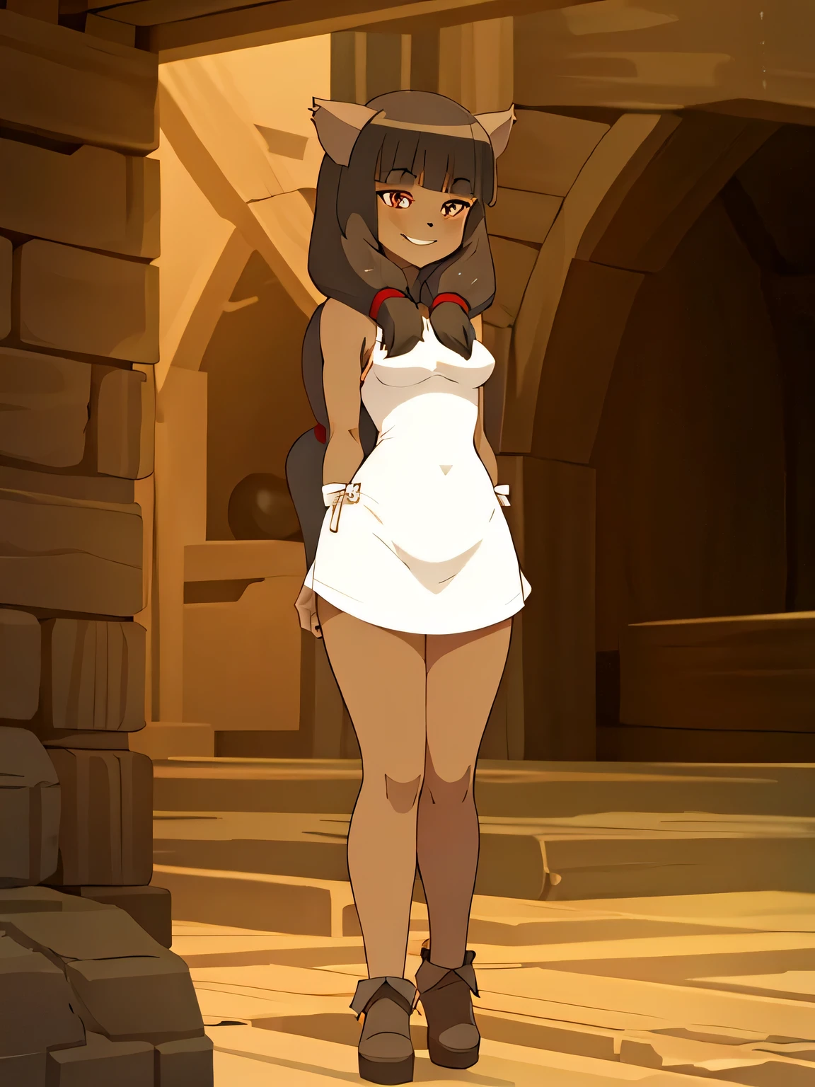 1girl, dark skin, smile, cat ears, bangs, long hair, freckles, full body, princess dress