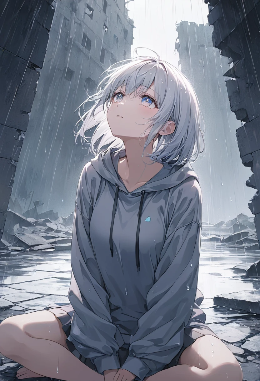 ((pastel))、1 woman, upper body,Woman looking up,Sit with your legs in your arms,((Careful depiction)), blue gradation eyes,Tears, white hair, Medium Hair, gray hoodie , wet , emphasizes women The background is ruins ,It rains,Dark atmosphere, Moderate Blur ,Light,Strong vignette ,Soft pattern masterpiece ,Best Quality,Exquisite,8k, absurd, super detailed illustrations on white paper ,( Viewers )