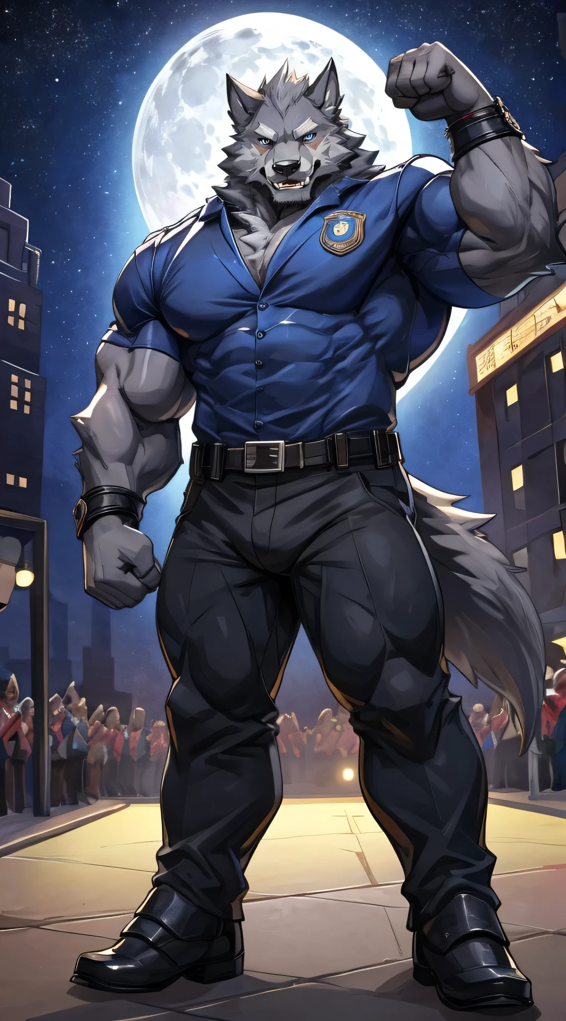 best quality,wolf兽人,Young, white fur ,(pupil:1.2),( strong body , MUSCLE :1.3),,handsome, alone, to a standing,Smiling,(Mild:1.2),( blue police jacket:1.2),(Black T-shirt:1.2),dark grey pants ,( on the knee:1.2), black boots,solitary,Masterpiece high quality,( delicate eye),毛茸茸的公wolf,((wolf)),Huge muscles,Huge body, watching the audience ,Japanese animation ,Viewers,Flexing muscles,((warrior)),night,moon,Growth,(author:Empty Ghost),Pino Deheny