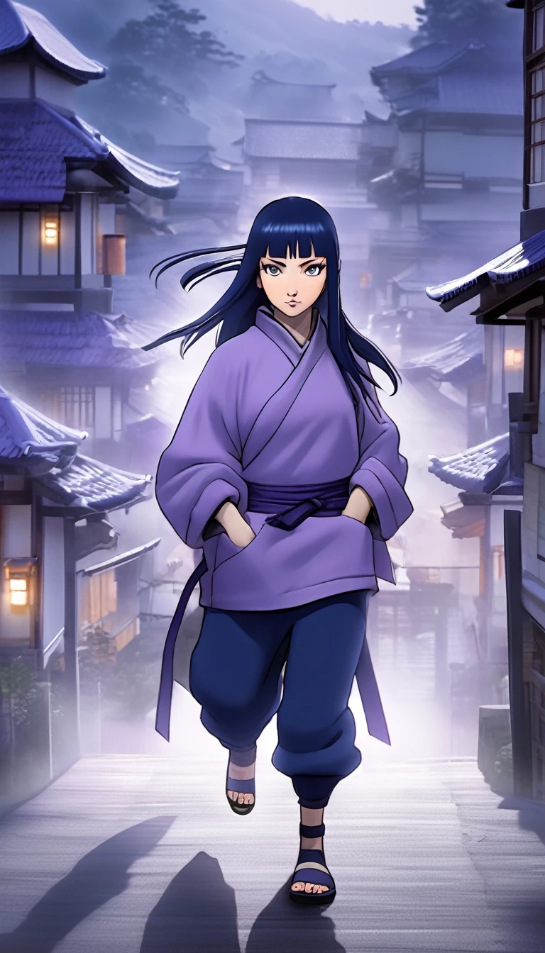 In the quiet, misty paths of a hidden ninja village, Hinata appears as a gentle yet determined figure. Her straight, dark blue hair frames her face with soft bangs, sometimes cascading down to her shoulders or lower, blending with the village’s serene shadows. Her light lavender eyes, reflective of her Byakugan ability, are striking in the dim light of the village streets. Once dressed in a modest lavender and cream hoodie with navy pants, she now wears more fitted, ninja-style attire in shades of purple and black, embodying her journey from shy beginnings to a confident and capable presence in the village.