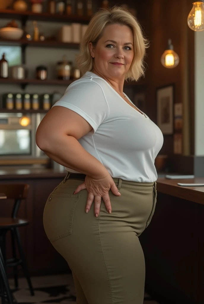 A mature old granny woman, 65 years old, huge ass, wide hips, huge breasts, showing her huge buttin a white shirt is standing next to a counter. She is holding a yellow cloth.