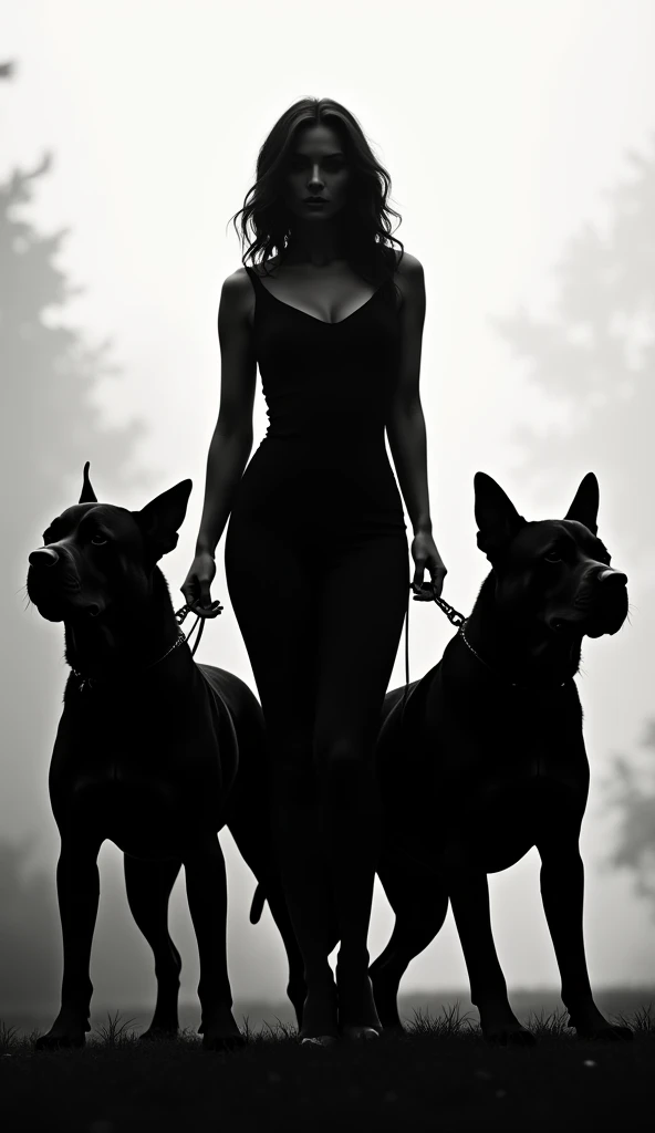 A 3D render of a vintage scene with a sexy, sensual woman confidently walking her two massive, black Mastiffs on chains. She is dressed in a vintage outfit and exudes an enigmatic charm. The dogs have distinct expressions and walk obediently beside her. The background reveals a desolate village with crumbling buildings. The overall atmosphere is eerie and surreal, with a vintage film grain effect.