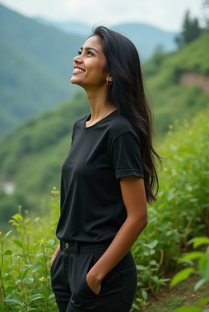 (Best quality), ((Masterpiece)), (Detailed), beautiful woman from Kerala,
The hair is thick with a side parting,T-shirt that covers the whole body
,white face,Hair standing in front,

,Lips closed she is smiling.Behind the river, a number of people are standing next to a coconut tree and two friends are standing next to her  full body Seen She is Wearing white pants and a black t-shirt


