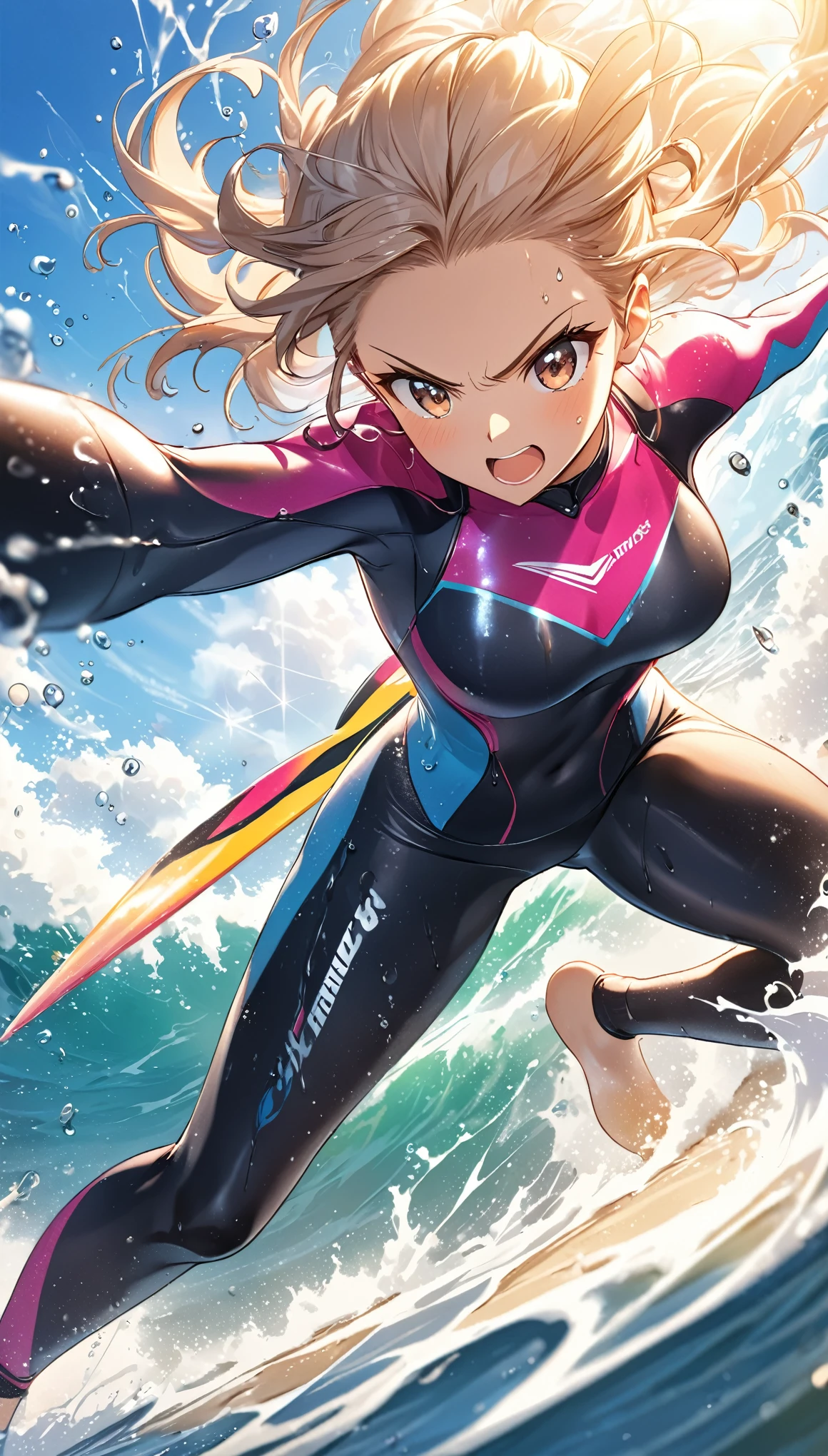 (Best Quality, masutepiece),ultra detailed photographic,1girl in, Female Surfer ,Large breasts,nice legs,At the surfing venue,Detailed beautiful face,Beautiful eyes,detailed hairs,detailed clothes,Detailed realistic skin,Cool,Dynamic Angle,