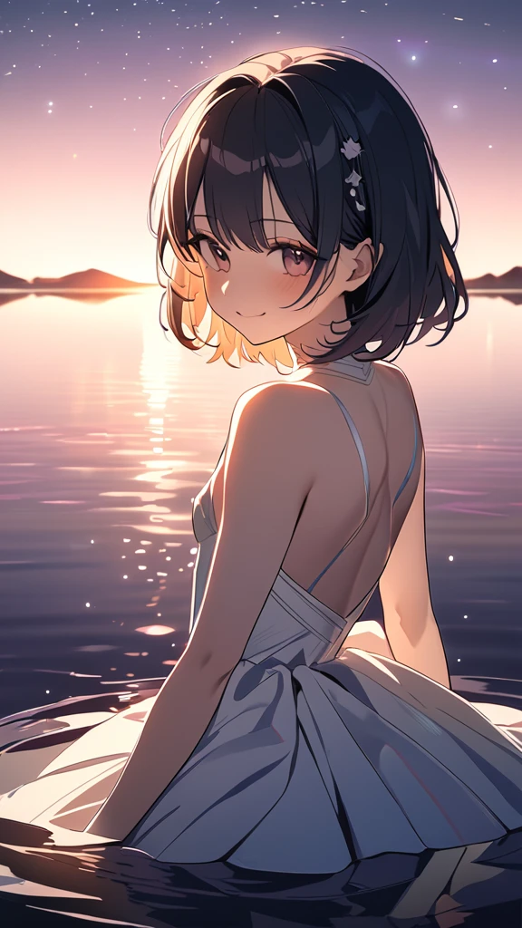 A mature woman in a wet white dress leans forward and looks at me, getting impatient and getting wet, the horizon, short curly brown hair, the morning sun is beautiful, a masterpiece, a rainbow appears, smiling shyly from the front, blushing, shy expression.