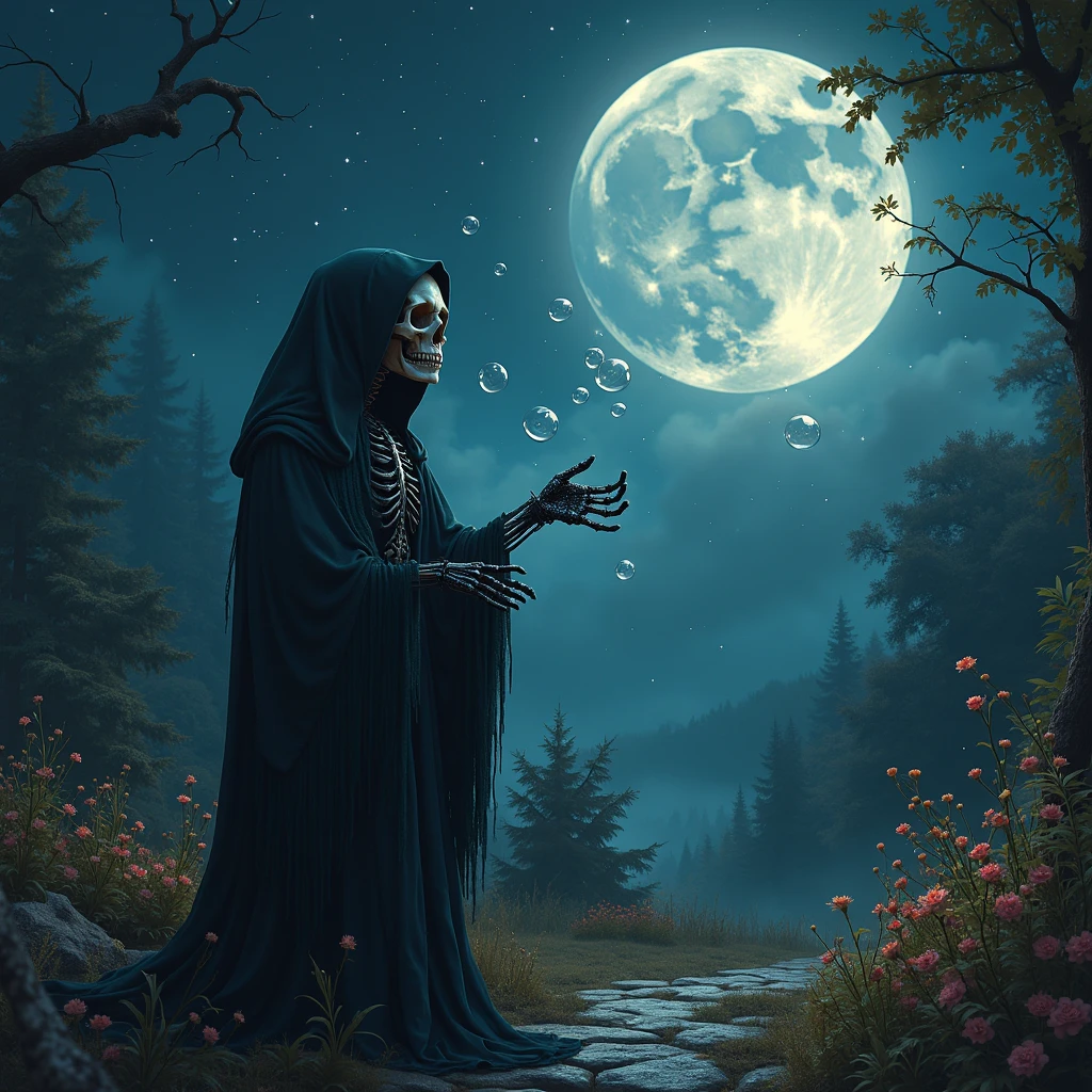 In the desolate reaches of the Shadowed Moors, where mist drifts like wraiths across barren heaths and ancient stones bear witness to forgotten rites, dwells an enigmatic figure—a white-haired old witch known only as Morwen the Dread. Bent with age and shrouded in a tattered black cloak that billows ominously in the chill wind, Morwen's piercing gaze holds the weight of centuries of arcane knowledge and unspoken horrors.

Within her dilapidated cottage, nestled amidst gnarled trees and surrounded by a thicket of thorns that ward off intruders, Morwen tends to her dark arts. Tonight, beneath the pallid light of a waning moon that casts skeletal shadows upon the barren landscape, she stands before a flickering hearth in her dimly lit chamber.

Her face, lined with age and etched with runes that pulse with an eerie light, contorts into a visage of twisted wisdom and malevolent intent as she brews a potion of unspeakable potency. The air is thick with the acrid scent of rare herbs and crushed bones, mingling with the faint whisper of incantations that echo through the cottage like a sinister hymn.

With gnarled fingers that tremble with the weight of forbidden knowledge, Morwen adds a handful of moonlit mushrooms plucked from the graves of fallen warriors and a drop of blood from a creature that slumbers beneath the Veil of Shadows. As the cauldron emits a sickly glow that bathes the room in a ghastly pallor, the potion swirls with hues of midnight and whispers of ancient curses.

Outside the cottage, the moors stir with the restless spirits of the damned and the spectral guardians that patrol Morwen's domain. Shadows dance upon the walls as she stirs the potion counterclockwise, binding the essence of darkness and death into its bubbling depths with each twisted incantation.

In a realm where fear and fascination converge and magic flows through every shadow and stone, Morwen's craft becomes a testament to the relentless pursuit of power, the lure of forbidden knowledg