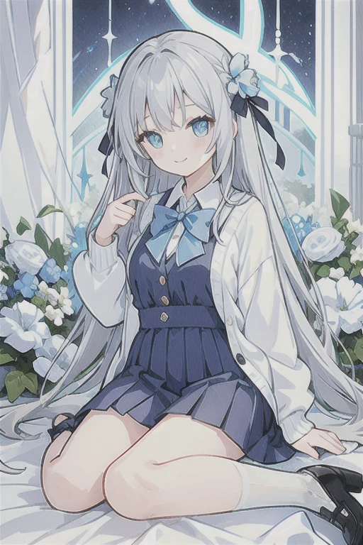 1girl,solo,thighhighs,long hair,(black thighhighs:1.4),blue eyes,holding,long sleeves,sailor collar,bangs,hair between eyes,closed mouth,looking at viewer,shirt,white shirt,knees up,no shoes,white background,black sailor collar,blue flower,grey hair,ia-style,