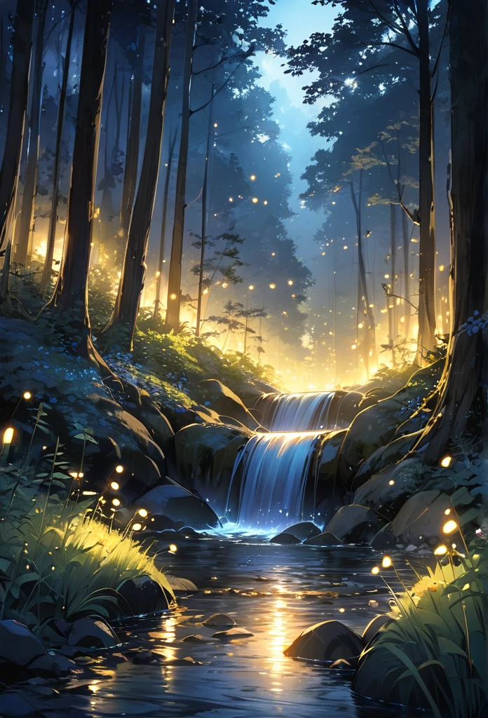 A beautiful stream flowing through the forest at night and the overflowing light of fireflies