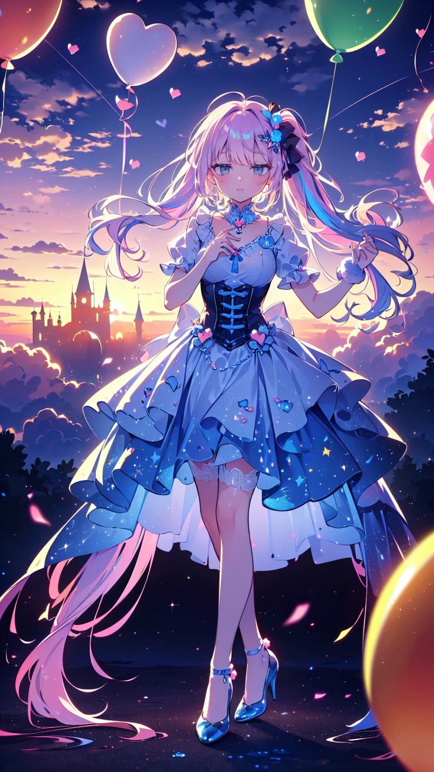 ( full body, legs and shoes visible: 1.2))  expressive eyes ,  1 girl, Pale skin, Long Hair,  hair that flutters like, ((absurdly Long Hair)), long side lock , Princess Bangs, Hair bangs, Hair Bun, ((  extra long twin tail  )), Rainbow Hair,  light pink hair ,  blanking as desire, full face  blanking as desire, big sparkling Pastel Purple eyes, ( gradation eyes ),  open your mouth and laugh, cute pose, ((Holding a balloon : 1.3)) ((cute and pastel fashion)) ((🦄🎠🎈🎉 theme : 1.4))  Loose Pastel Dress , (( dreamy multi-colored open dress )), (Floating ribbon), Lavender Frills, Pink frills, (Light Blue Lace), Removable short sleeves,  Fluffy skirts , (( Rainbow and Star Print Skirt  : 1.3)), ****There is a skirt。, Purple ribbon, ((Pompom ribbon hair accessory : 1.4)), Multiple Bows,  Striped Lace Stockings , (heart型のレッグガーター), cute ( Pastel Purple ) shoes (( Highly Detailed Clothing and Fashion ))  looking at you , ,  blanking as desire, ( beautiful detailed eyes ), ( Highly Detailed CG Unity 8K Wallpaper in a Corset and Dress ) ( best shadow ), (( extremely delicate and beautiful)), (Detailed light), (( faces with a depth of writing )) Big Head, Big, bright eyes, Moe,  splash art,  Movie Lighting, Front View,  Volumetric Lighting Extremist Photo Illustration with 64k Resolution Complex and Detailed Key Visuals Accurate Linear (( dreamy pastel sky background , Surrounded by sunset clouds,  shooting stars, Castle in the Clouds)) ((Ultra detailed views , Cloud of fog, Suspended by balloons, heart : 1.3))
