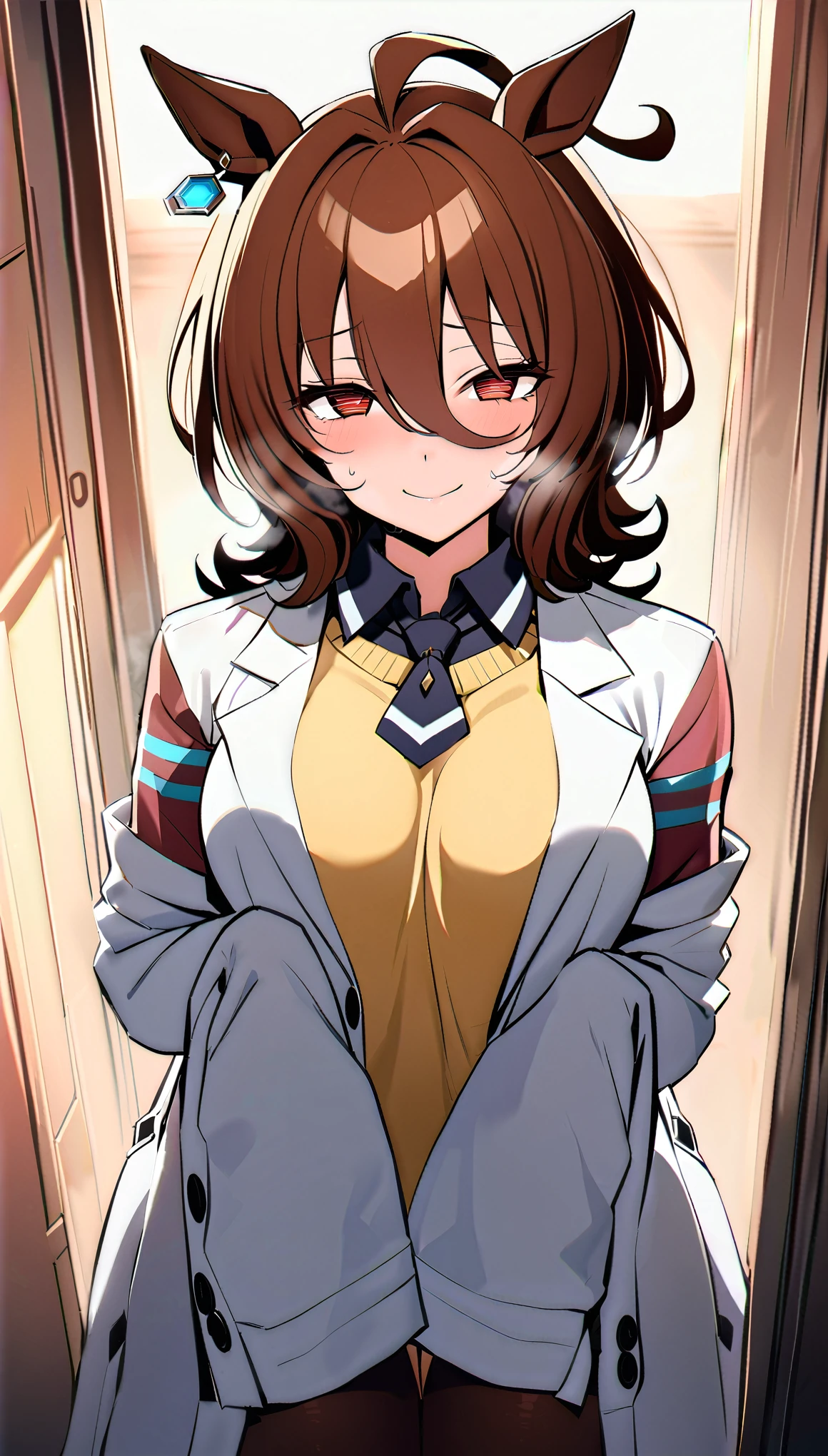 score_9, score_8_up, score_7_up, source_anime BREAK, high quality, 8k, NSFW, pov, 
agnes tachyon \(umamusume\), (heart-shaped pupils), spoken heart, mature woman, inner flesh, (dark circles), 
, blush, smug, seductive smile, lab coat, tie, ((sleeves past fingers:1.2)), (yellow sweater:0.7), pantyhose, after orgasm, in bet, breasts, close mouth, sexually suggestive,(in heat:1.2),(heavy breathing:1.3),(Steaming body),(looking at viewer:1.4), (steam), (sweat), lying, 
