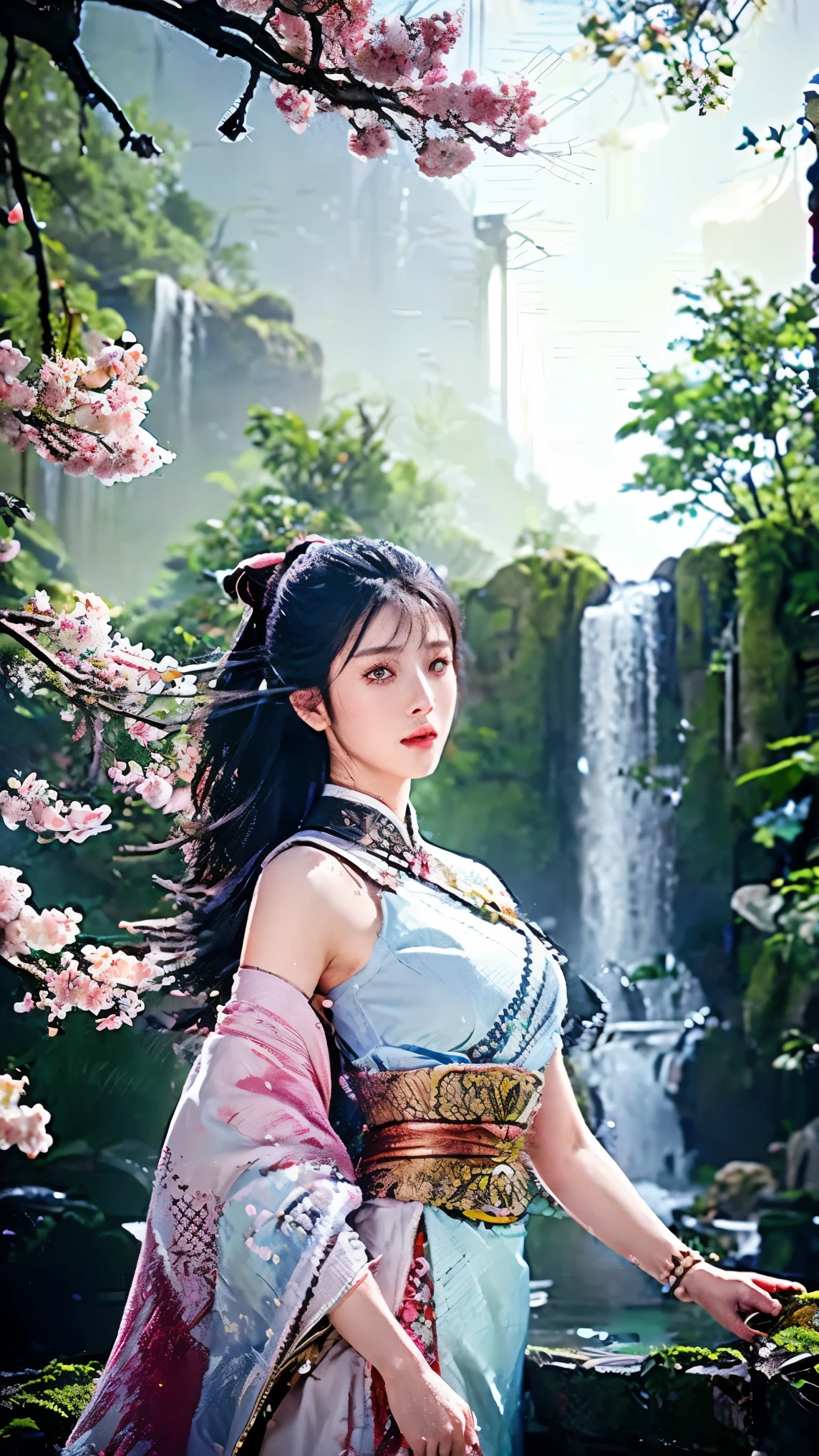 1girl, Solo, High Resolution, 8K Octane, behind waterfall, Behind Sakura tree 
