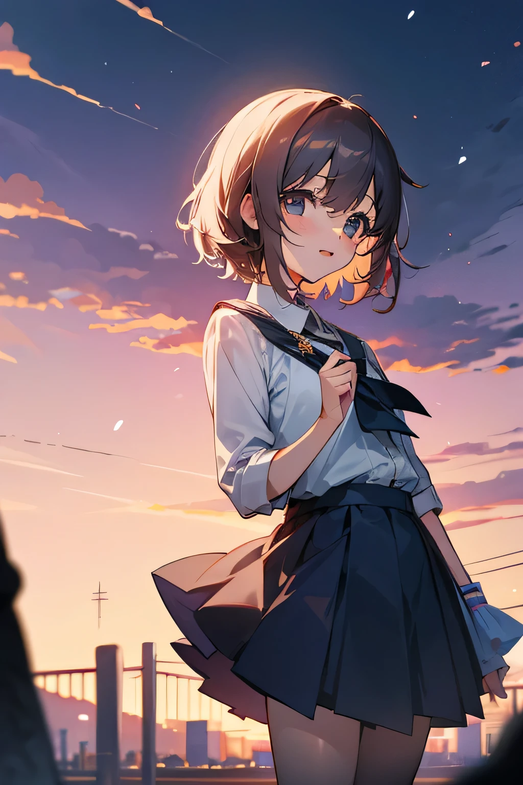 【Gem, Best Quality】1 girl, from below, solo, uniform, seraphk, sky, clouds, black hair, skirt, sailor color, person watching viewer, short hair, building, bangs, neckerchief, long sleeve, cloudy sky, electric wire, shirt, cityscape, pleated skirt, landscape, dull bangs, city, night, black sailor color, closed mouth black skirt, medium hair, school bag, Holding Bag